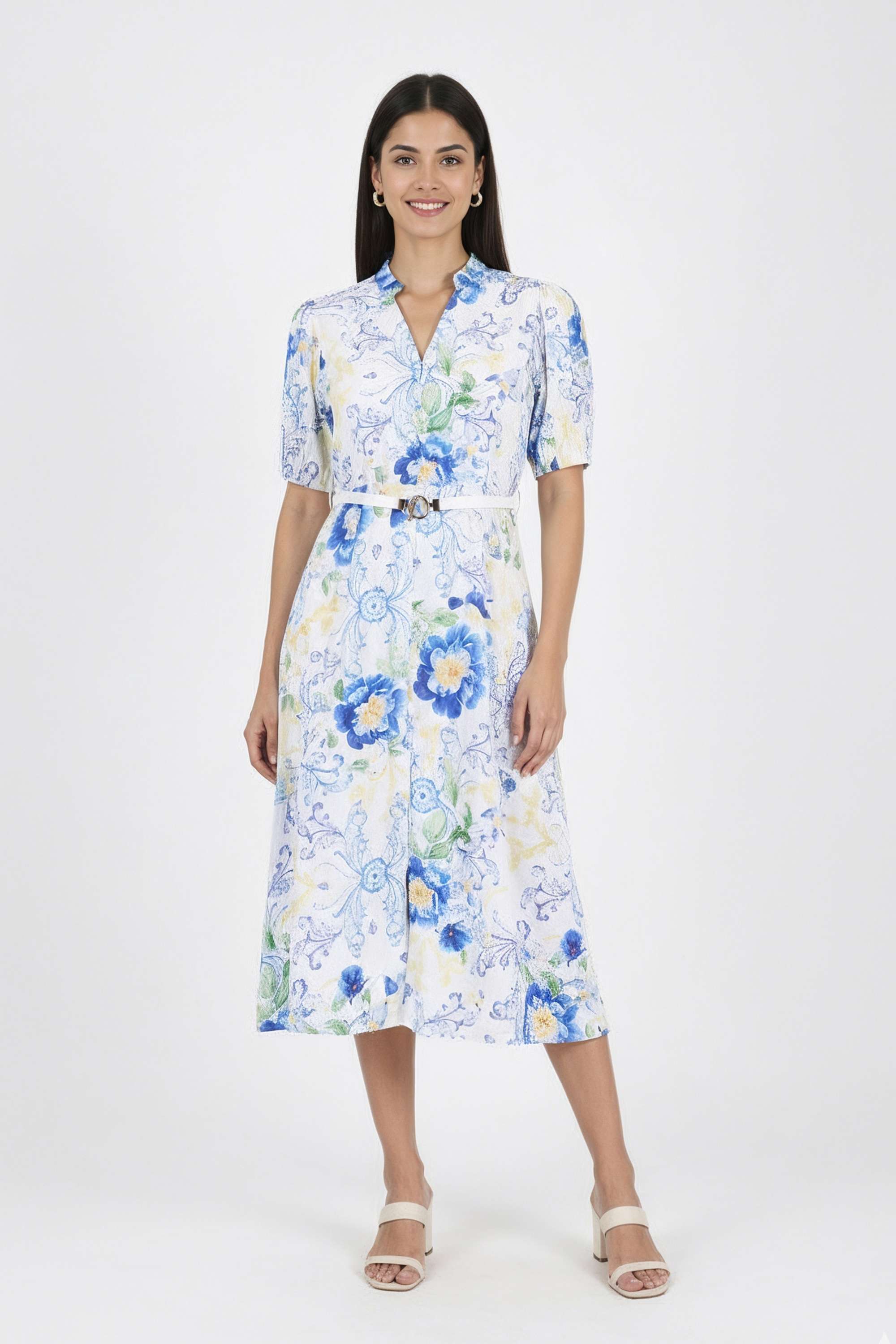 Printed-V-Neck-Blended-Fabric-Women-Dress
