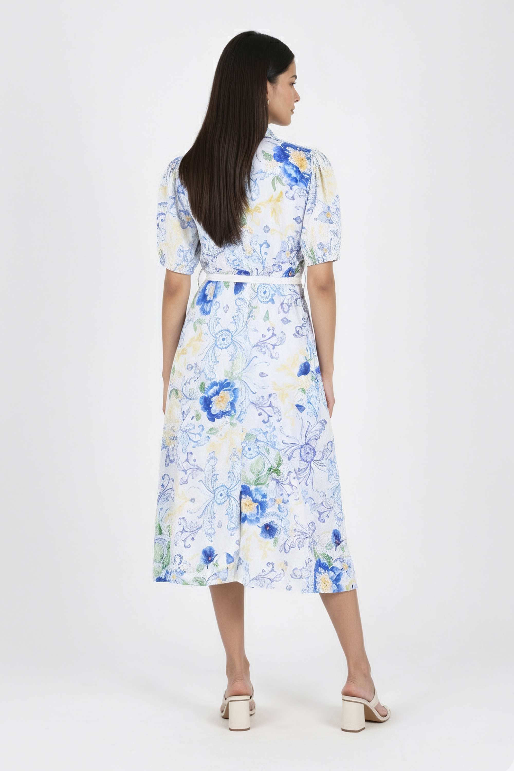 Printed-V-Neck-Blended-Fabric-Women-Dress