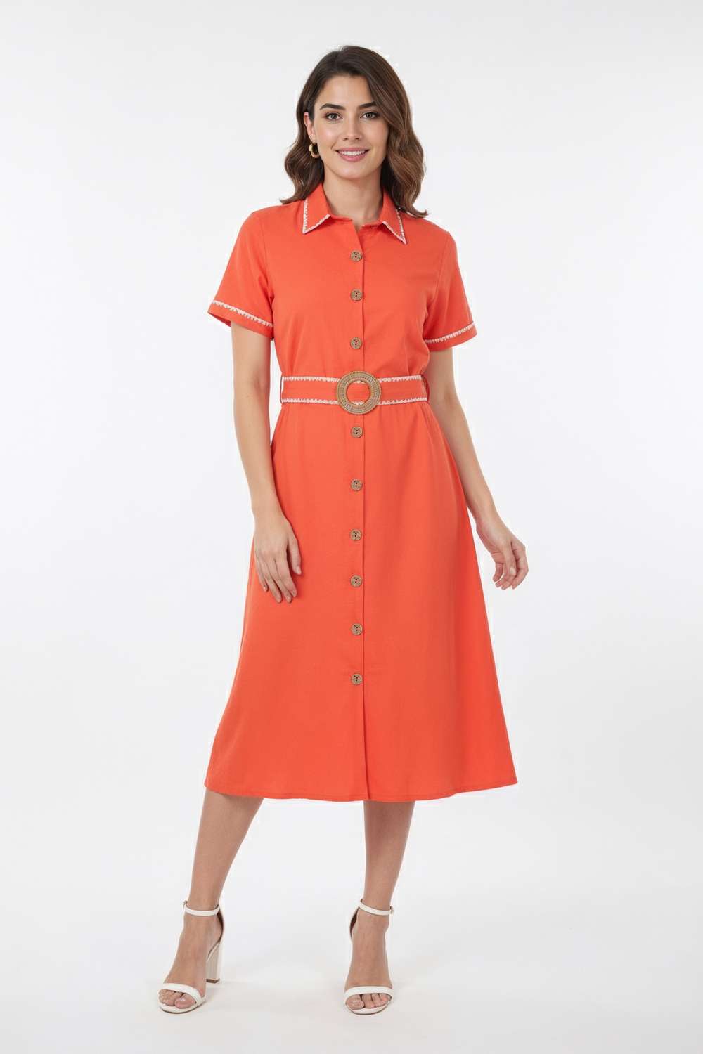 Solid-Collared-Blended-Fabric-Women-Dress