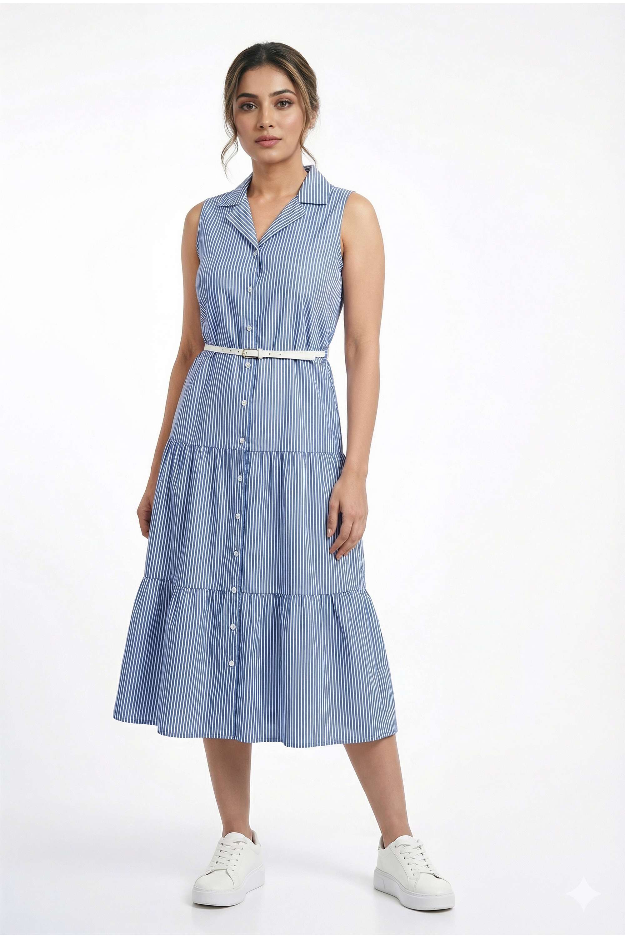 Stripes-Collared-Blended-Fabric-Women-Dress