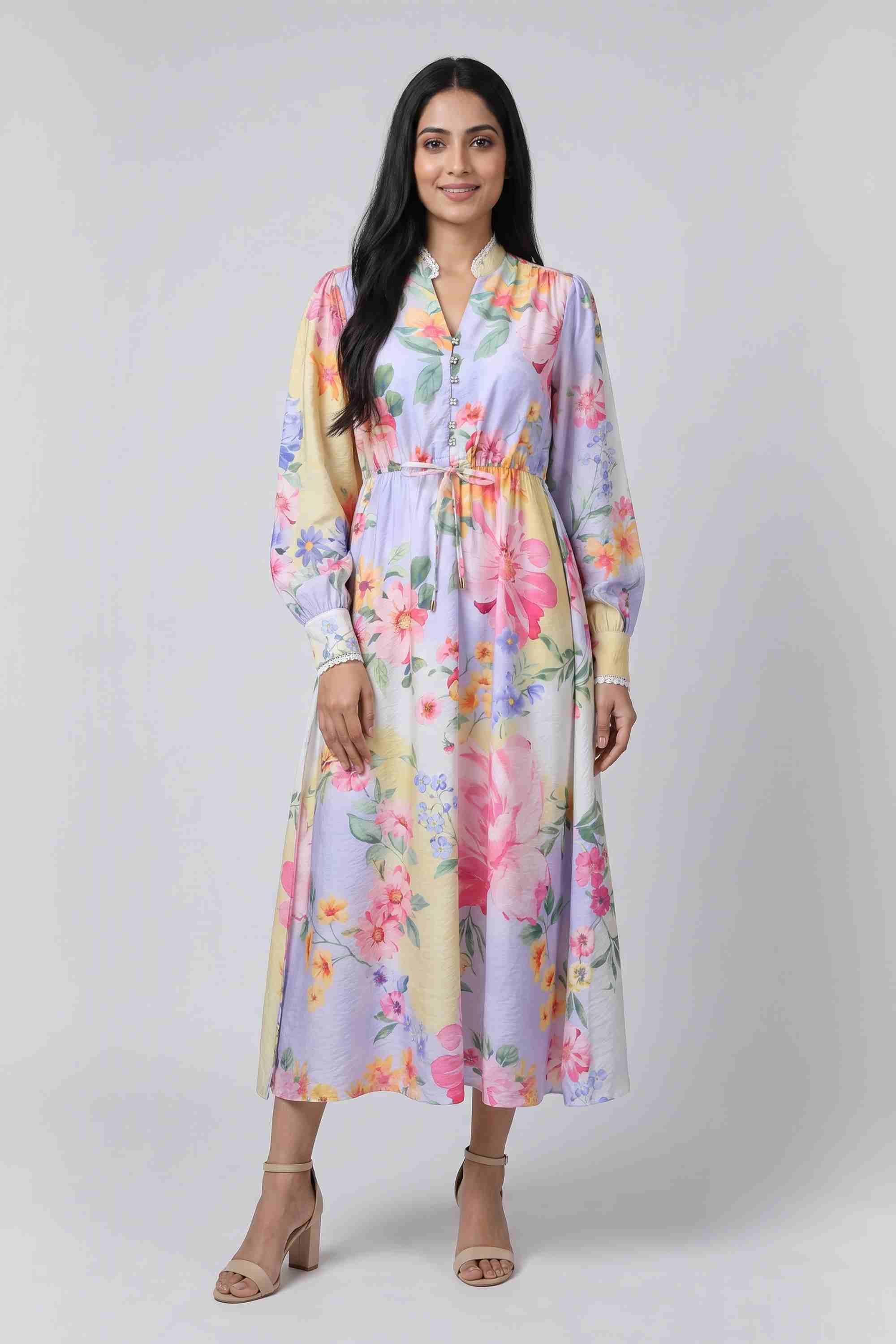 fratini Printed V-Neck Blended Fabric Women's Dress-picture-37