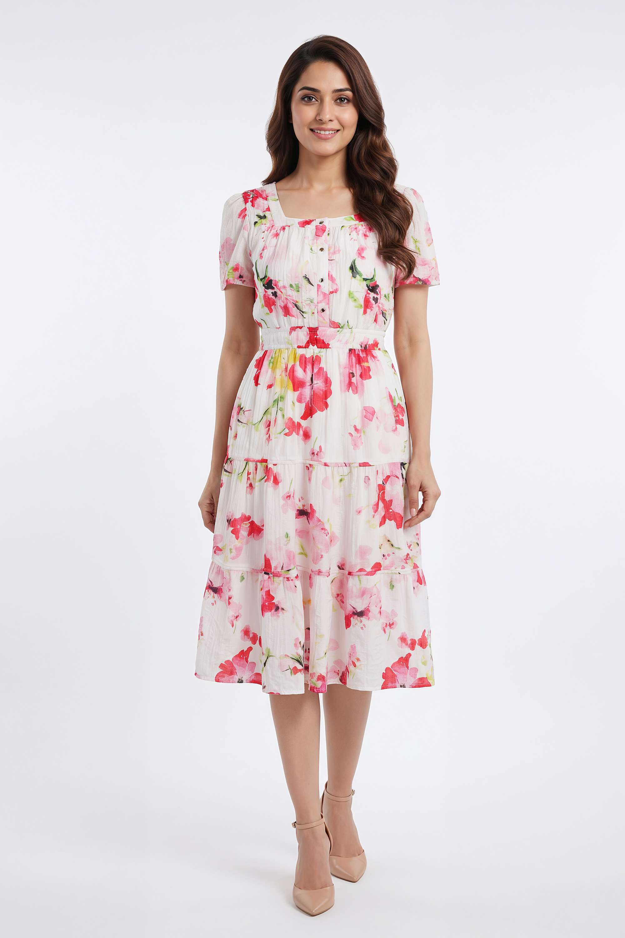 Printed-Collared-Blended-Fabric-Women-s-Dress