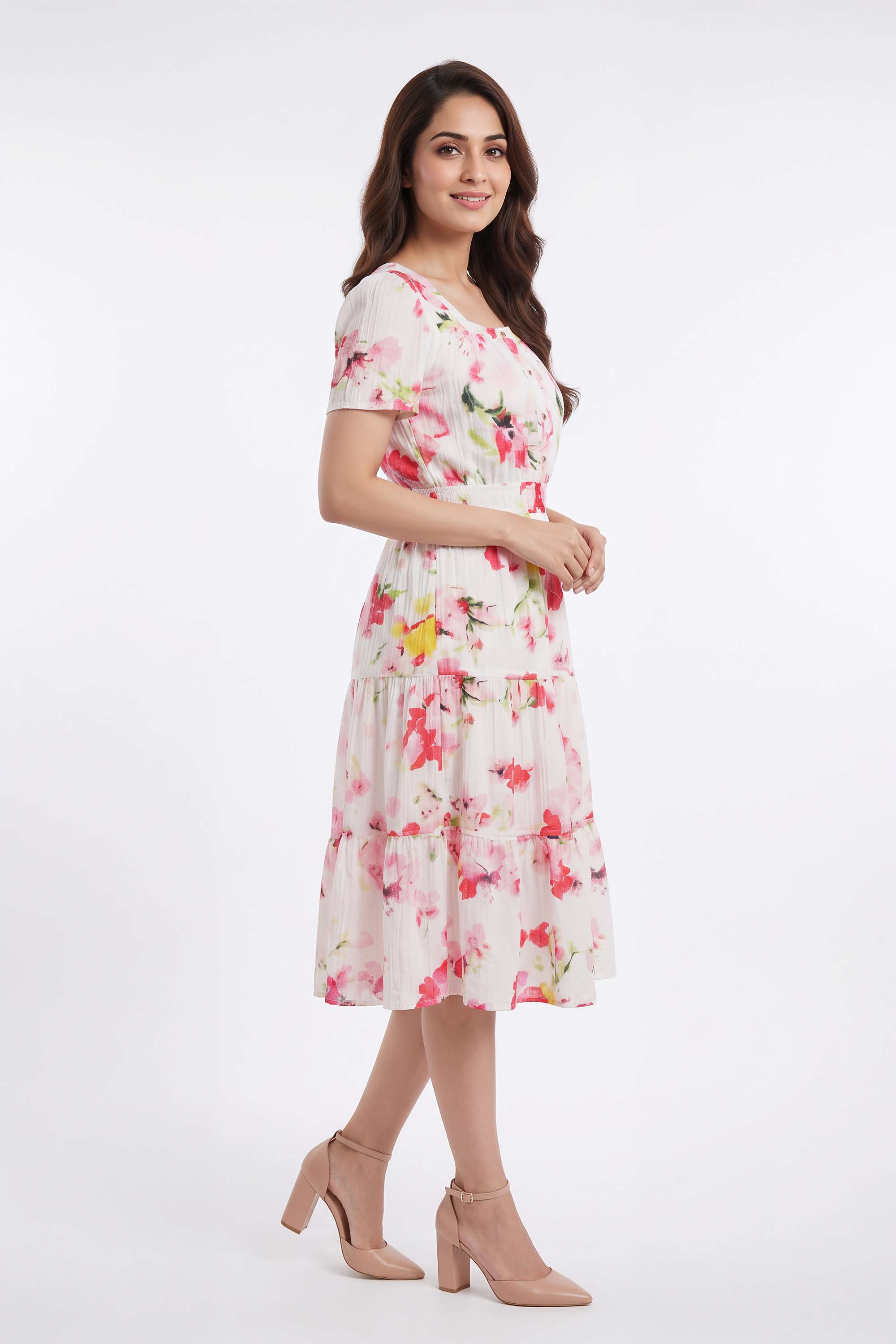 Printed-Collared-Blended-Fabric-Women-s-Dress