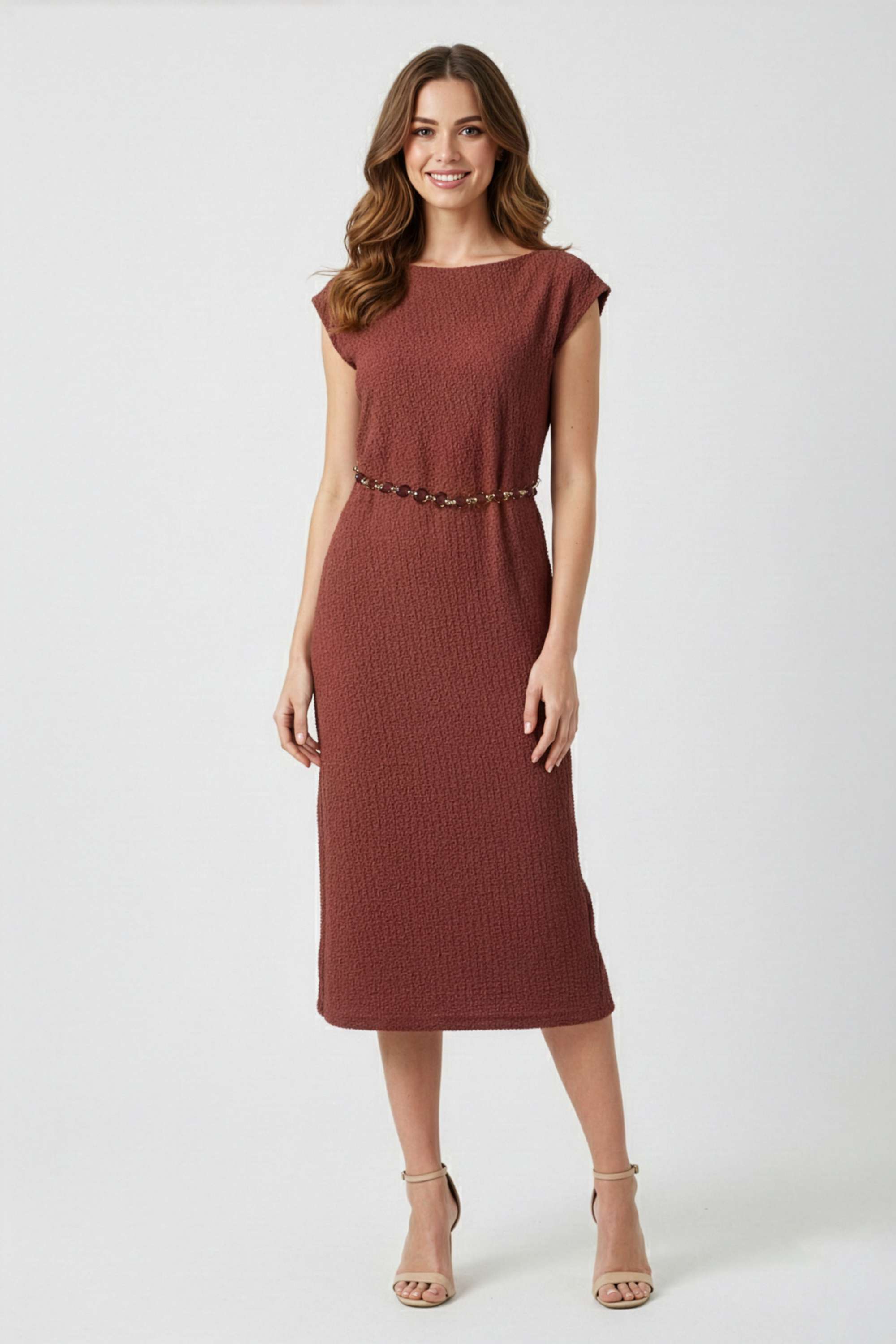 Textured-Boat-Neck-Polyester-Women-Dress