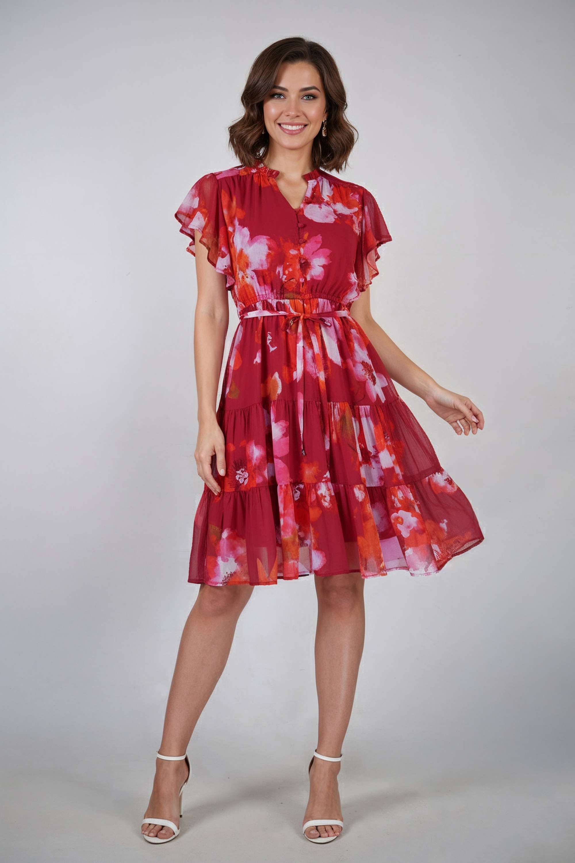 Solid-V-Neck-Blended-Fabric-Women-Dress