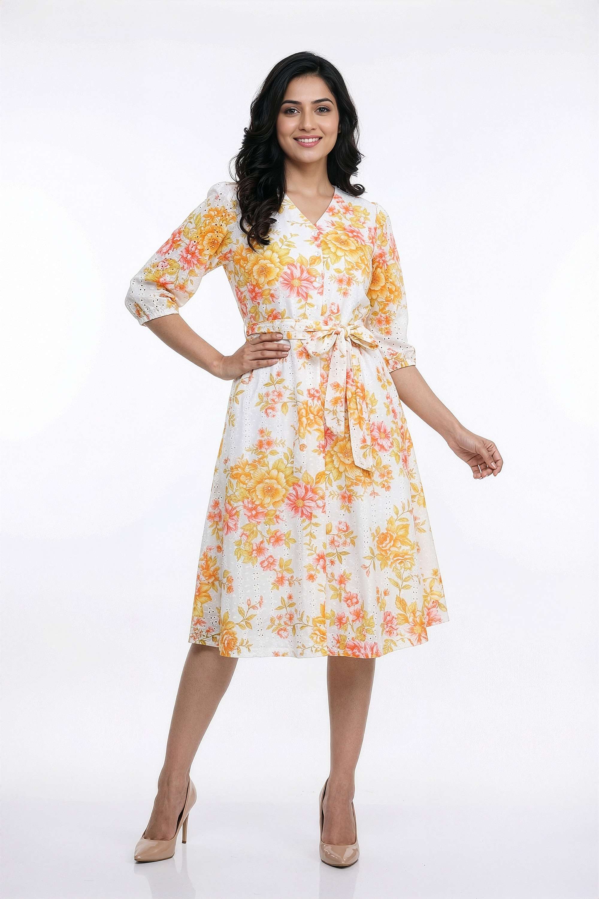 Floral-V-Neck-Cotton-Women-Dress