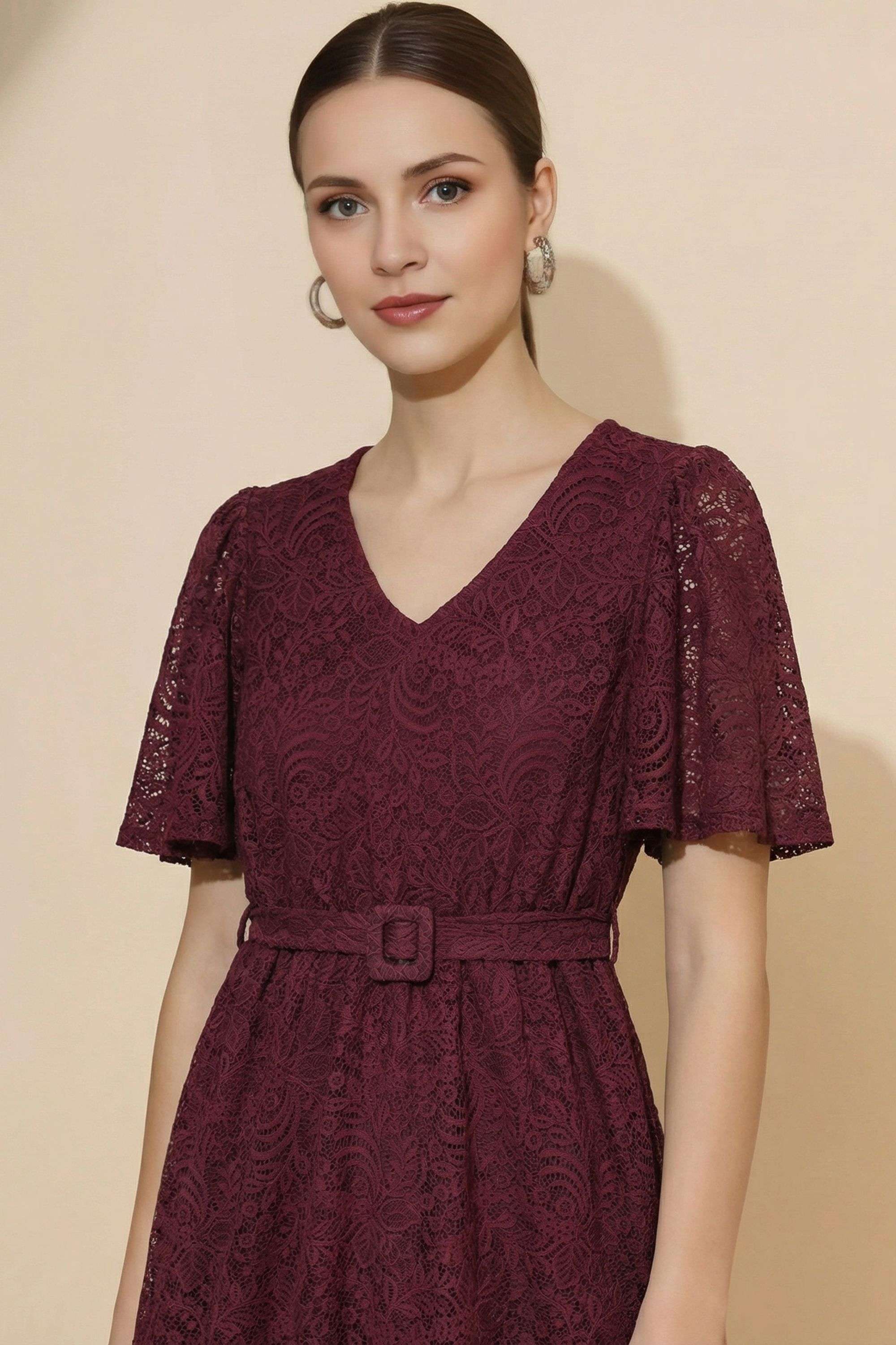 Solid-V-Neck-Lace-Women-Dress
