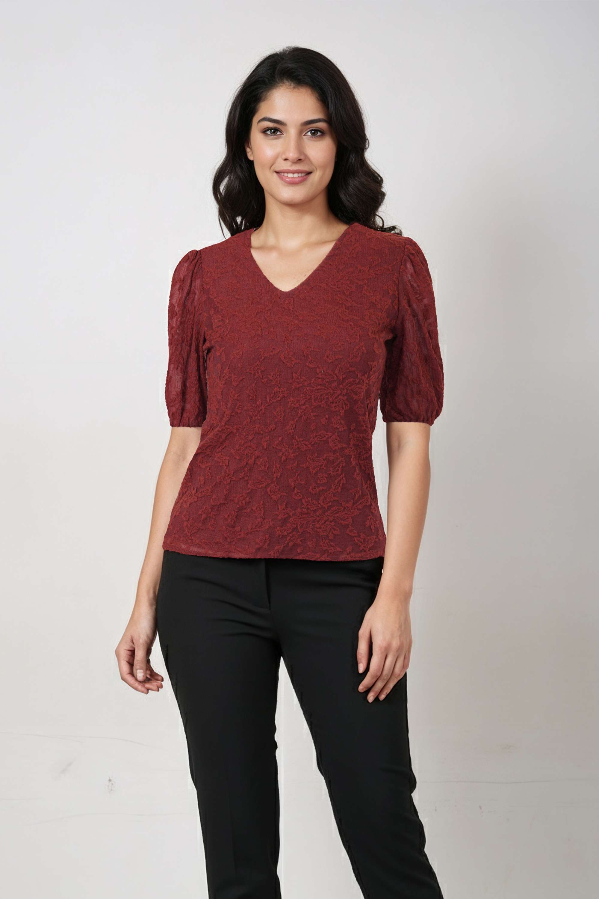 Floral-Blended-Fabric-V-Neck-Women-s-T-Shirt