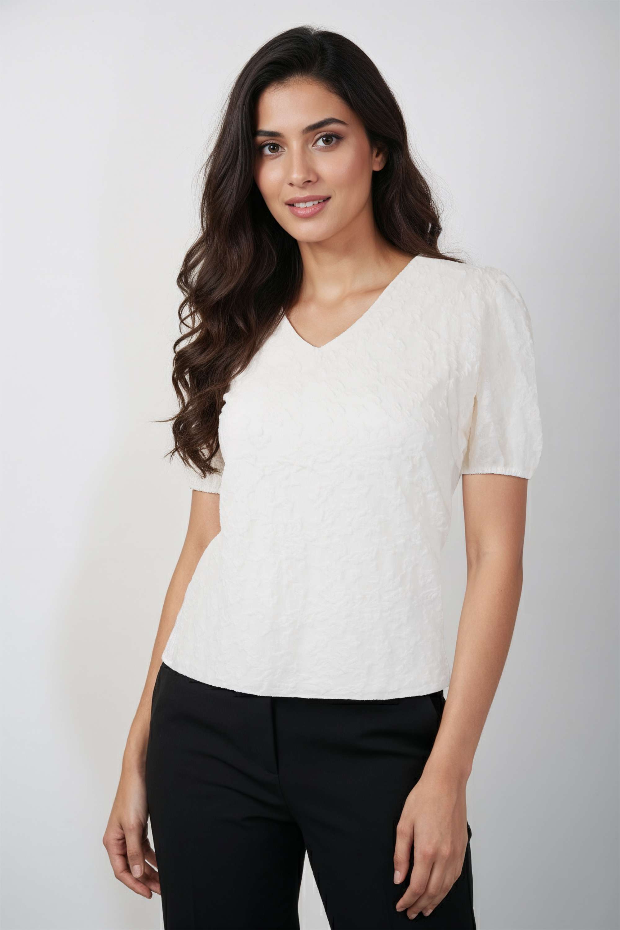 Dobby-Blended-Fabric-V-Neck-Women-s-T-Shirt