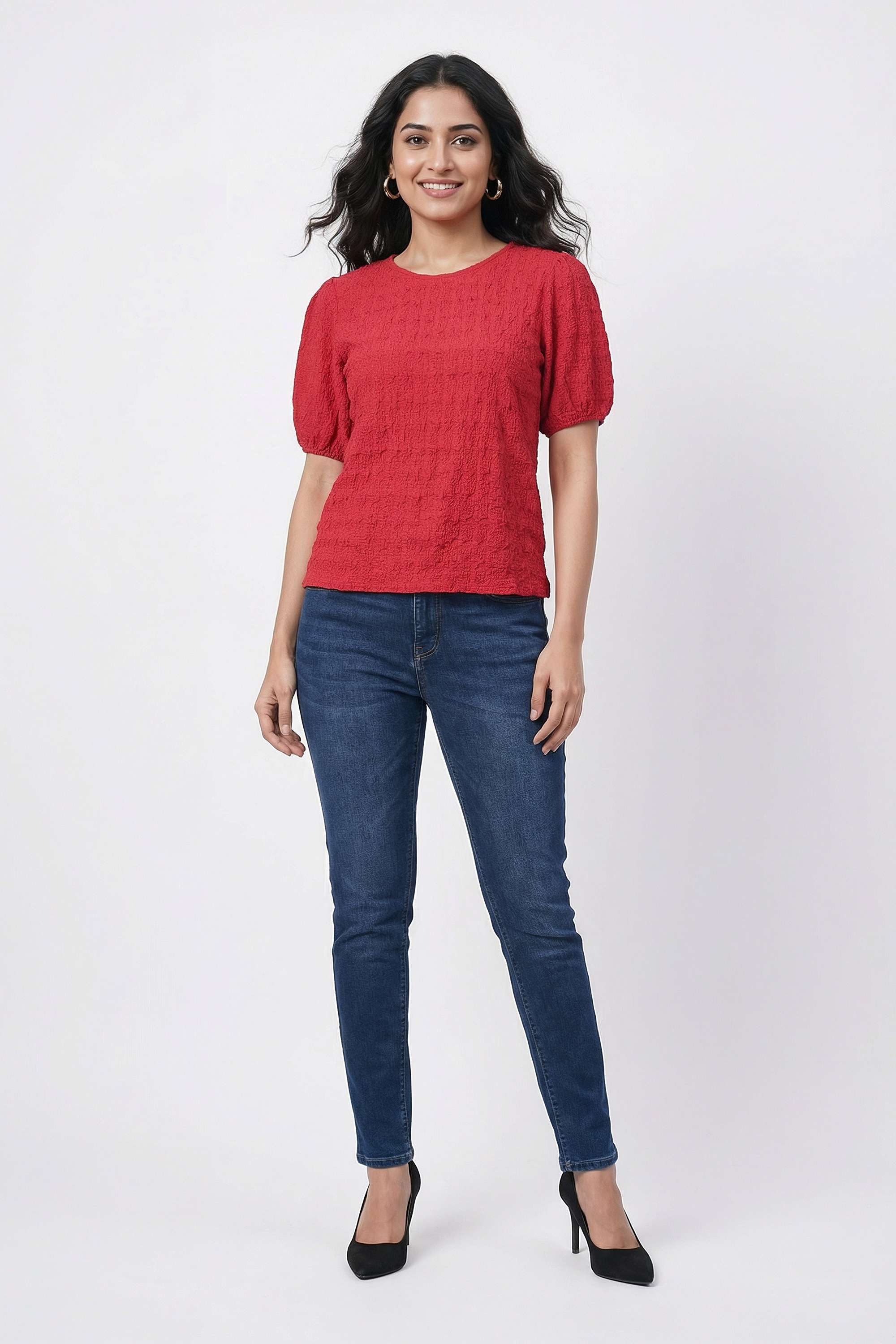 Textured-Blended-Fabric-Round-Neck-Women-T-Shirt