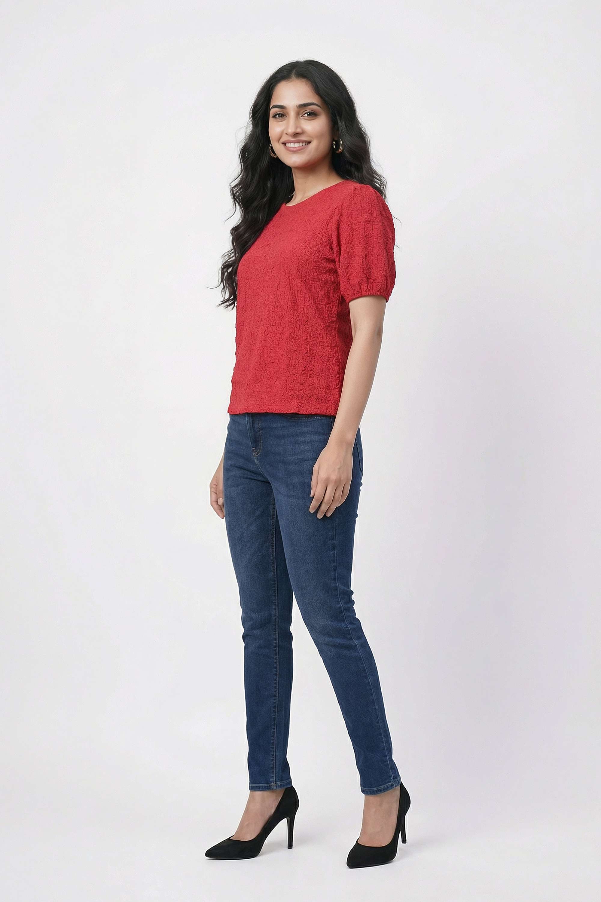 Textured-Blended-Fabric-Round-Neck-Women-T-Shirt