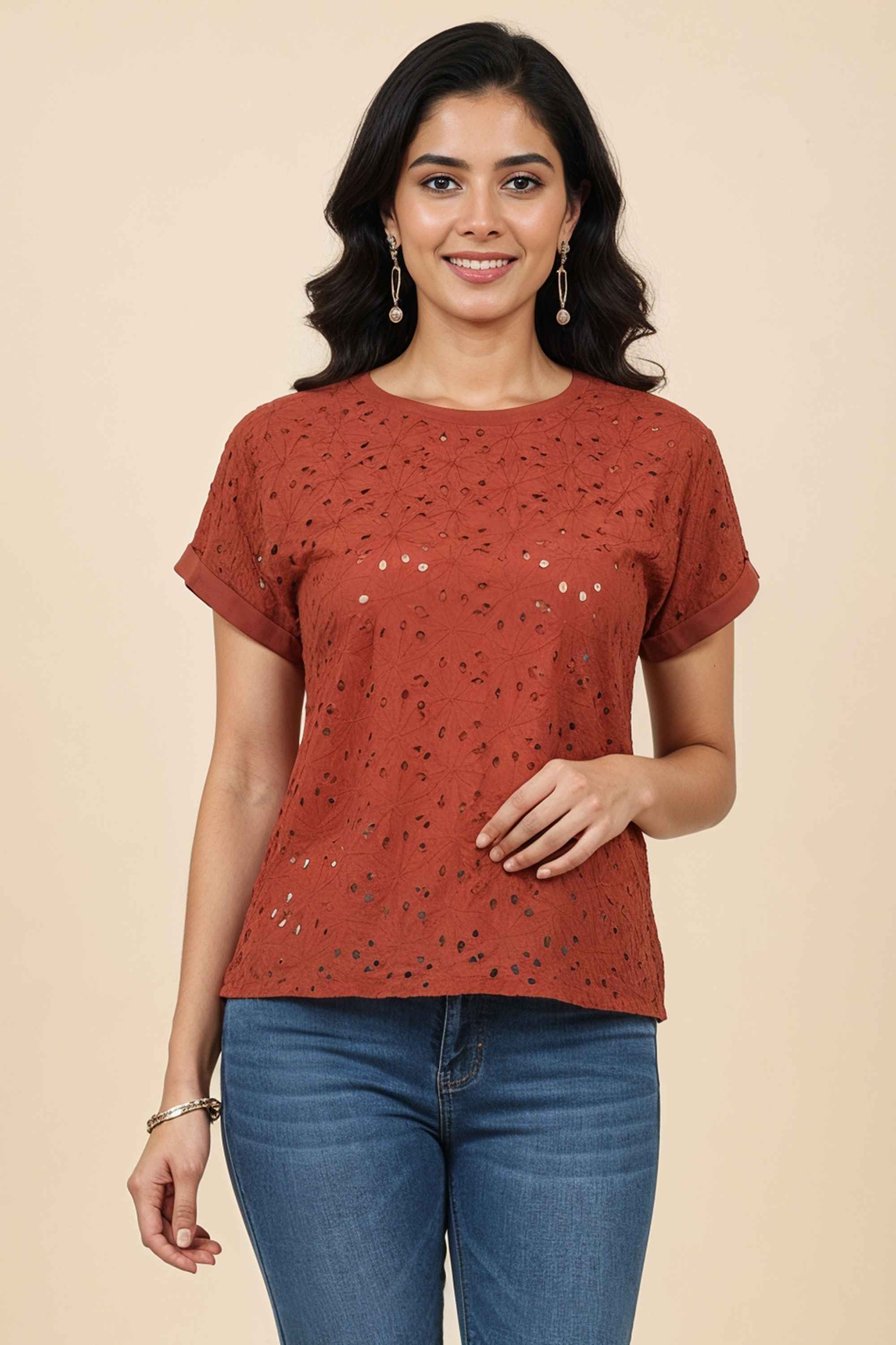 Schiffli-60-s-Cambric-Round-Neck-Women-s-T-Shirt