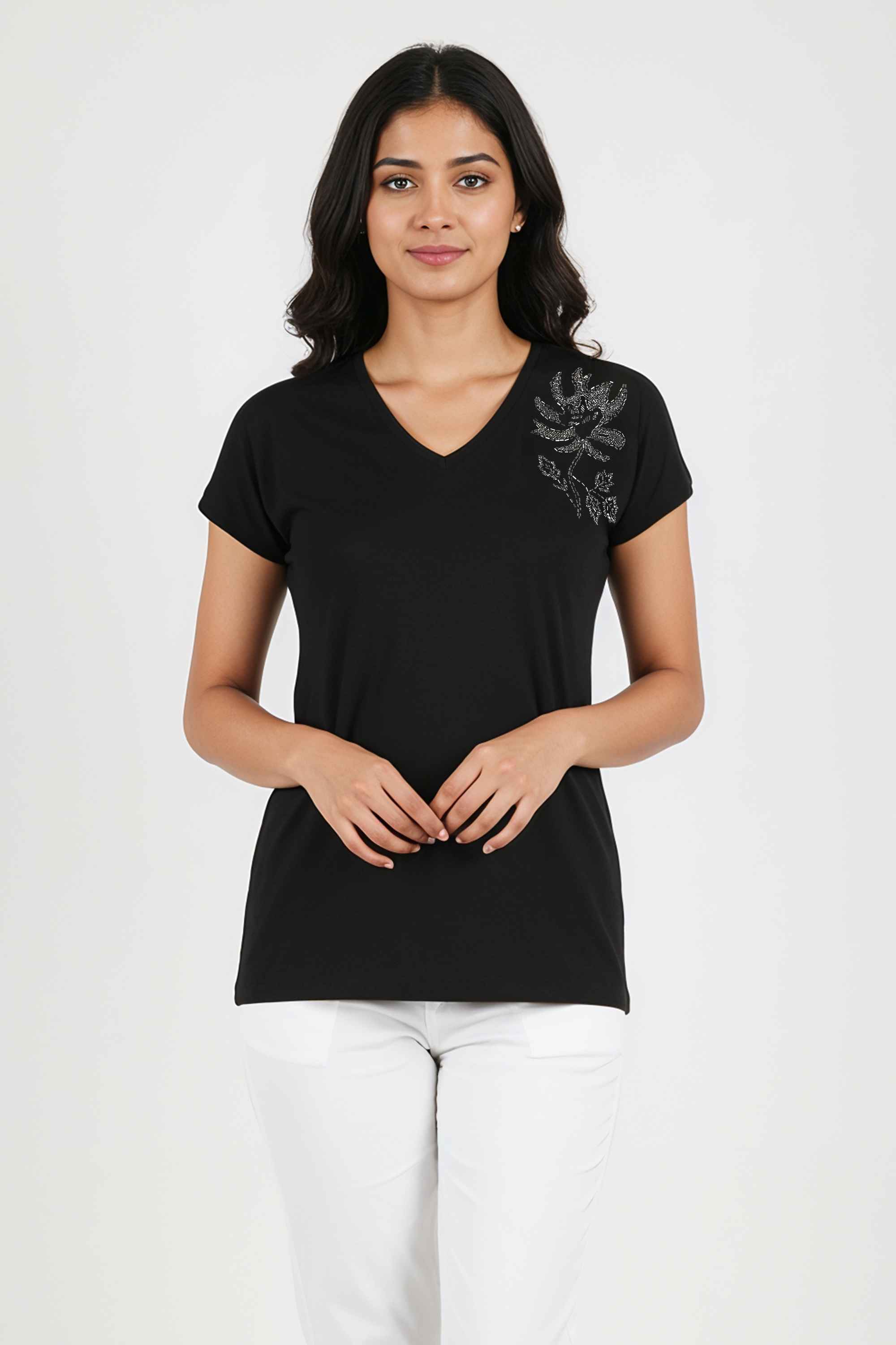 Embroidered-Blended-Fabric-V-Neck-Women-Top