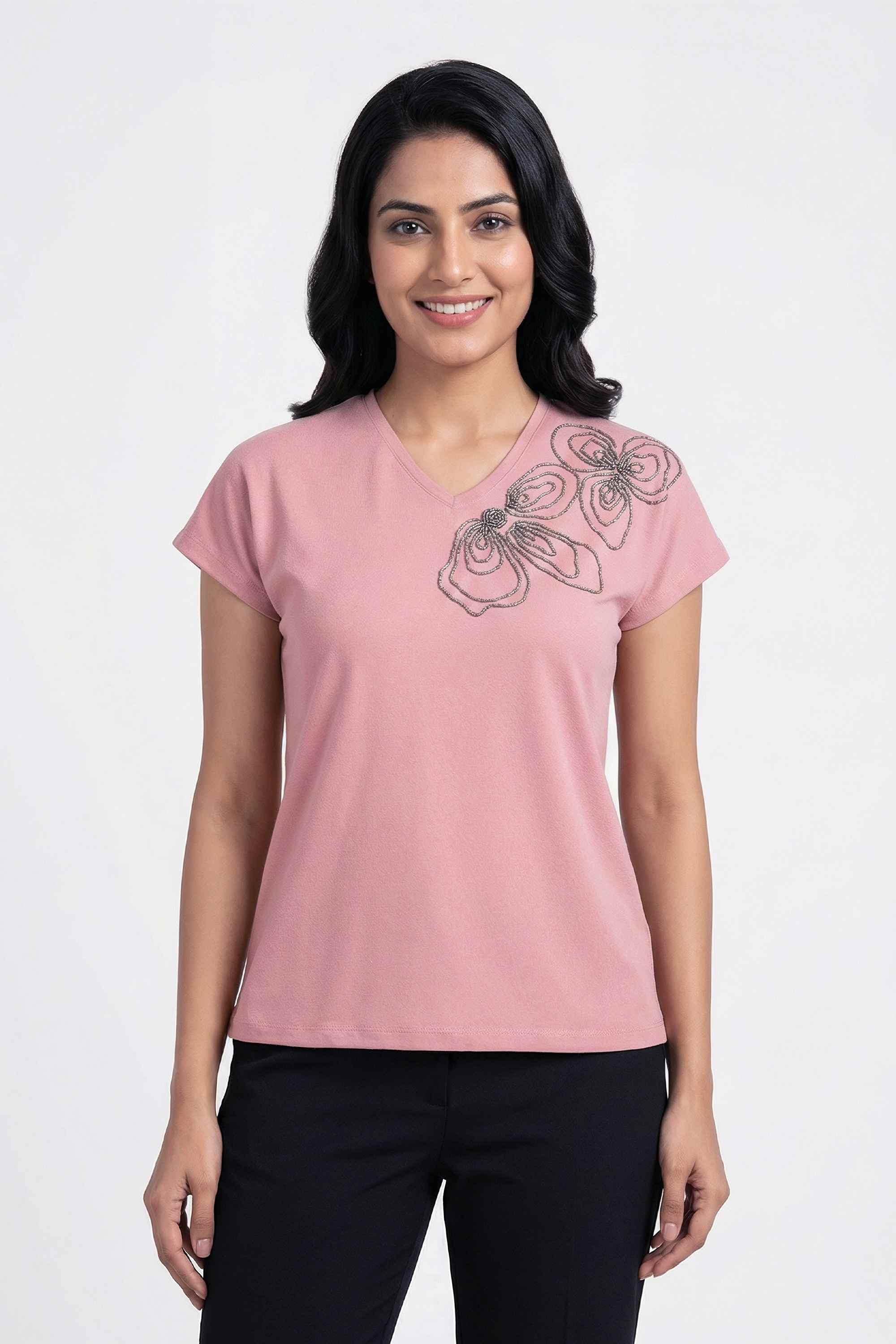 Embroidered-Viscose-Blend-Round-Neck-Women-s-T-Shirt
