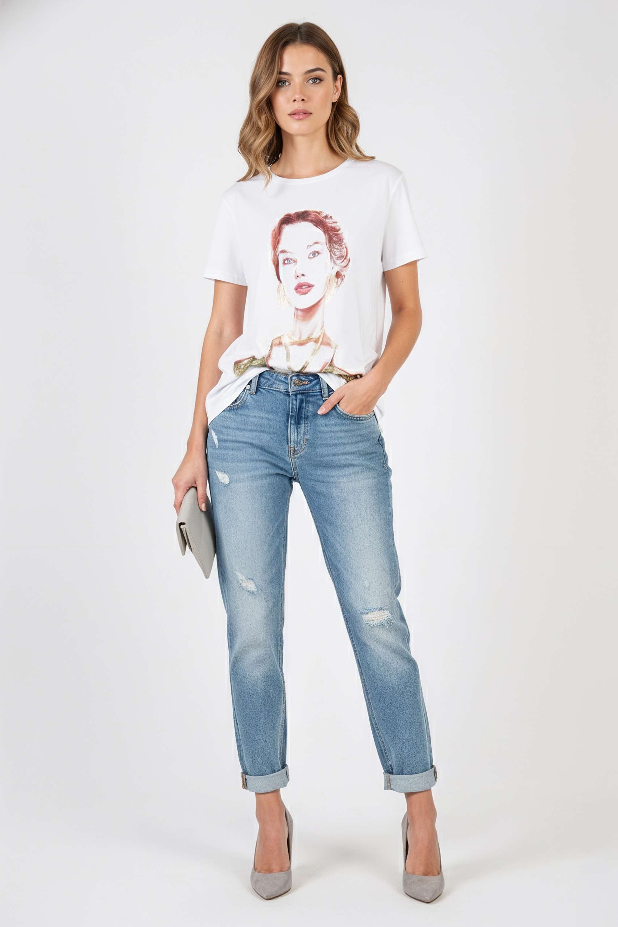 Printed-Blended-Fabric-Round-Neck-Women-T-Shirt