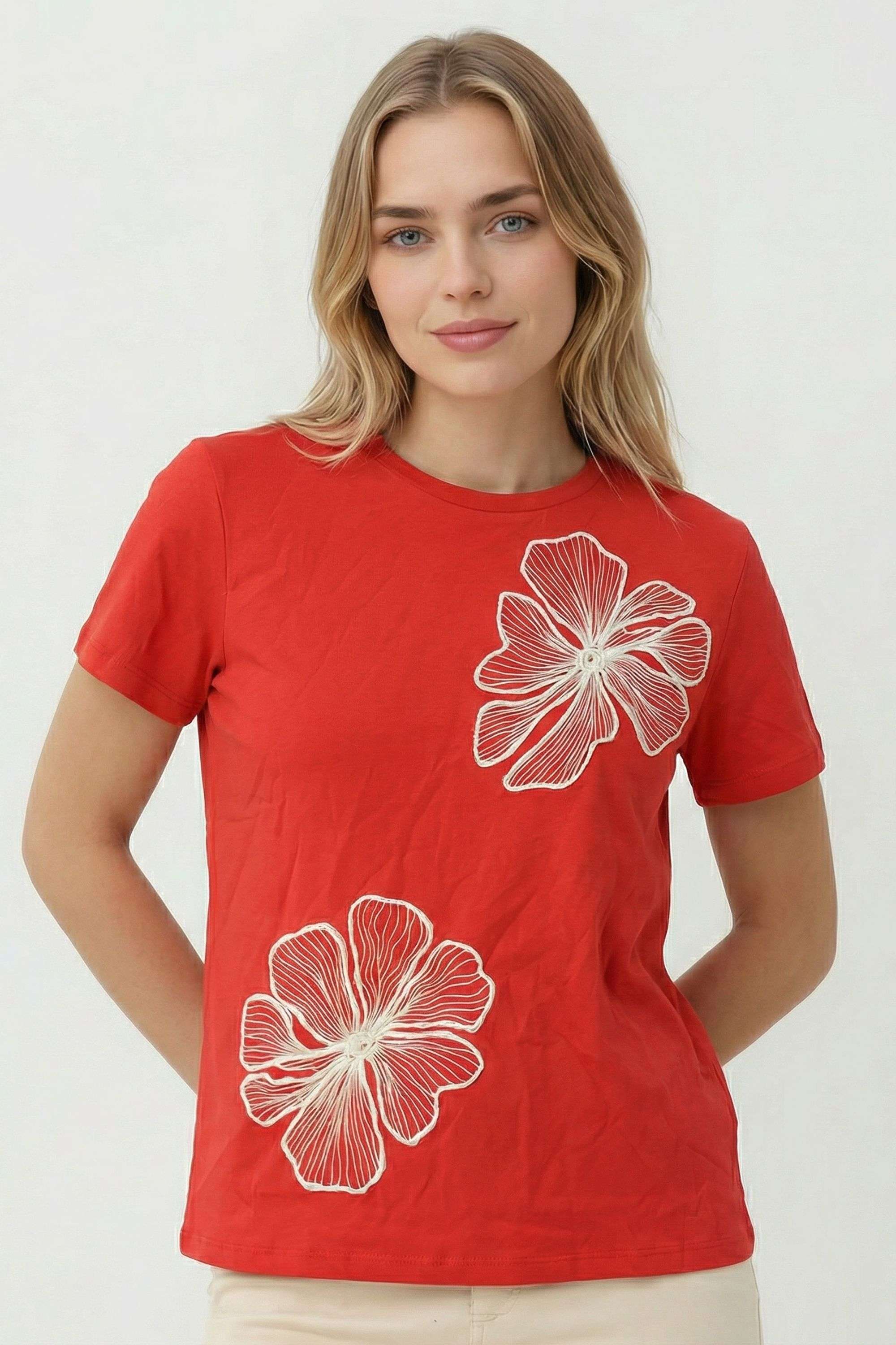 Embroidered-Cotton-Round-Neck-Women-T-Shirt