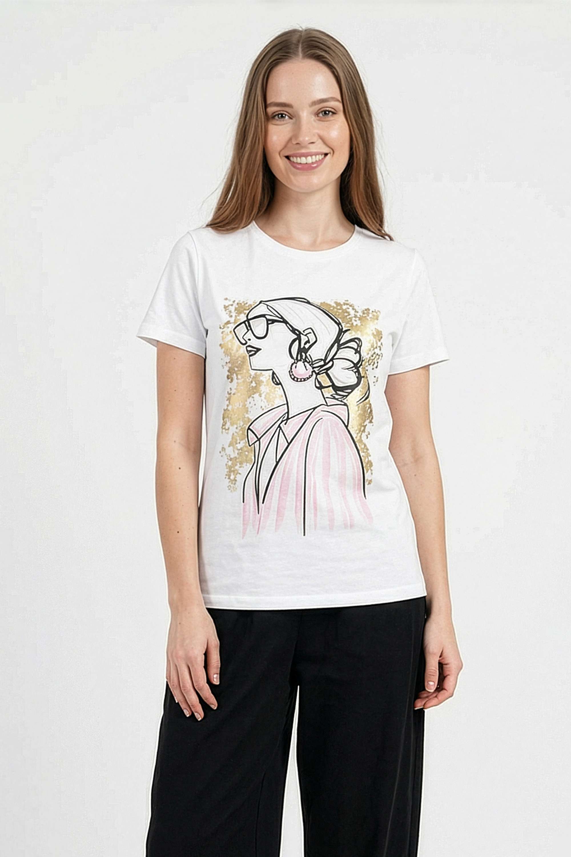 Graphic-Print-Blended-Fabric-Round-Neck-Women-s-T-Shirt