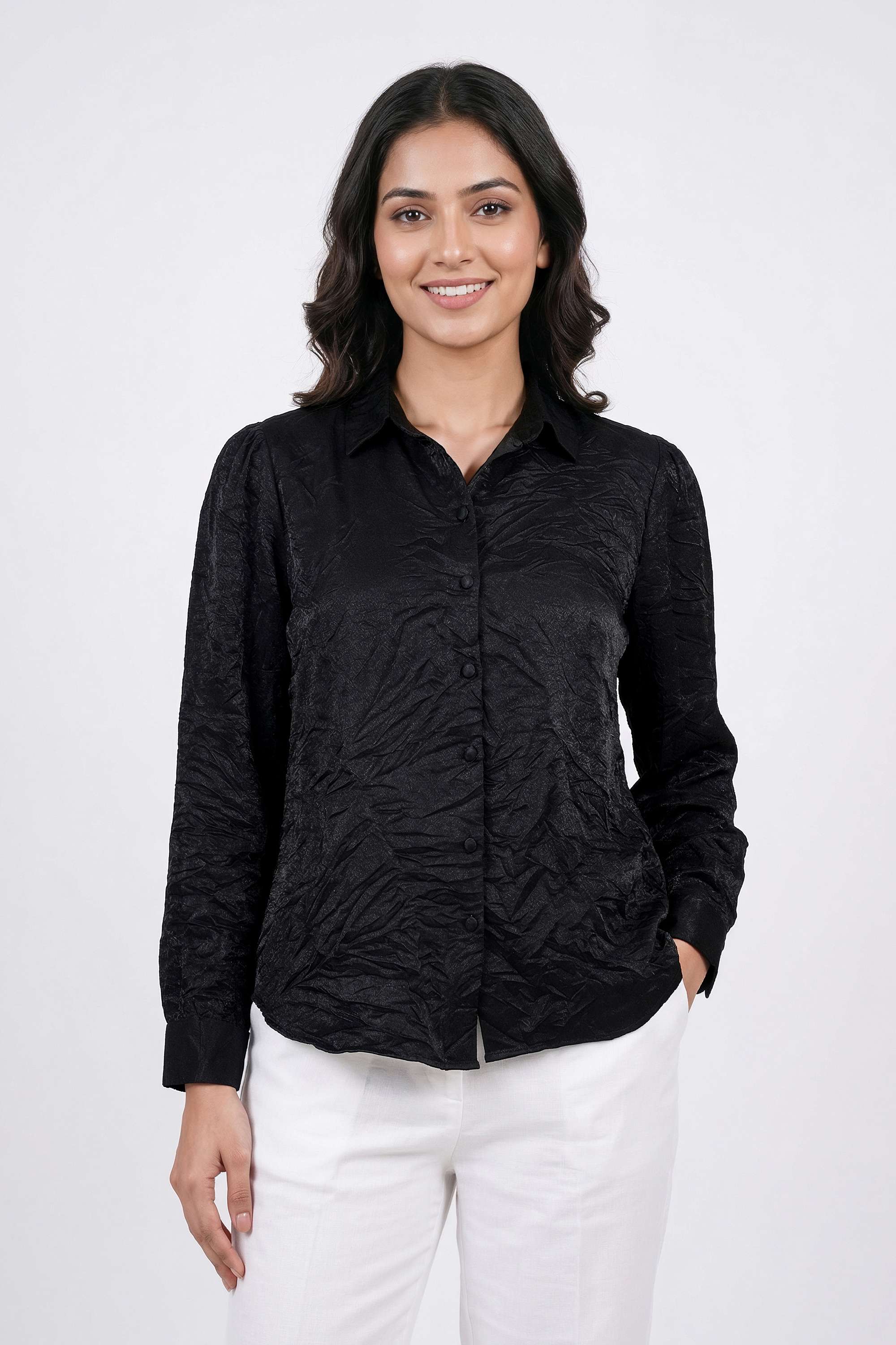 Solid-Collared-Blended-Fabric-Women-s-Casual-Wear-Shirt