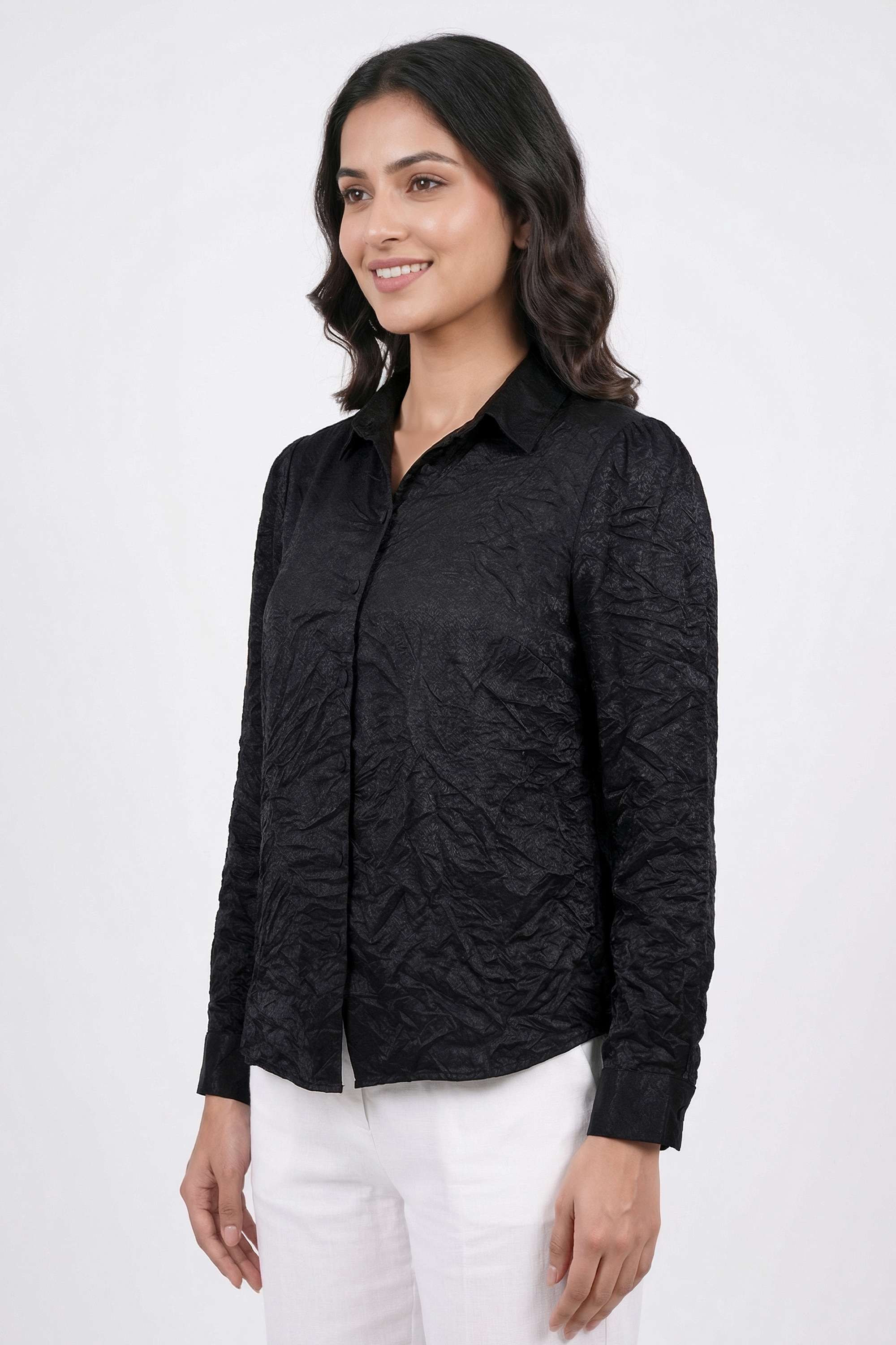 Solid-Collared-Blended-Fabric-Women-s-Casual-Wear-Shirt