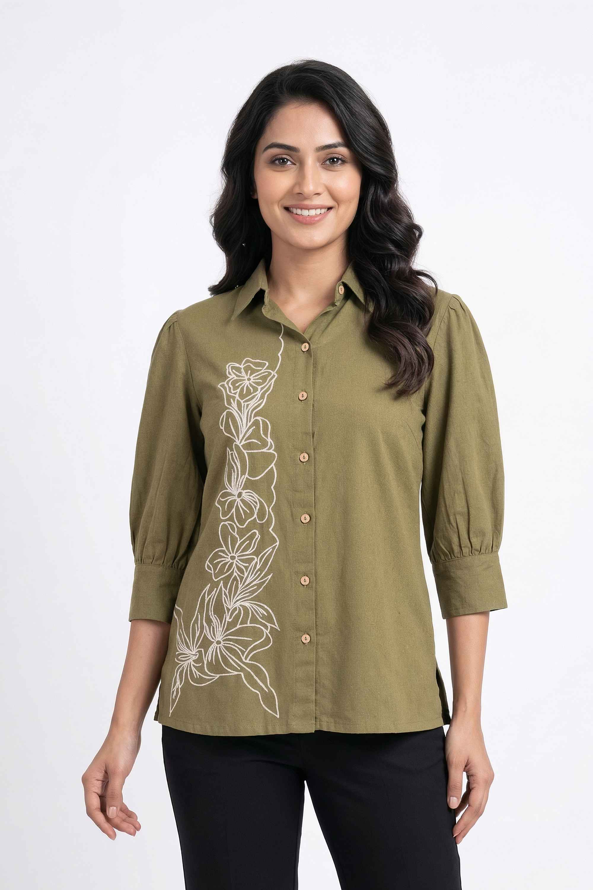 Embroidered-Collared-Blended-Fabric-Women-Casual-Wear-Shirt