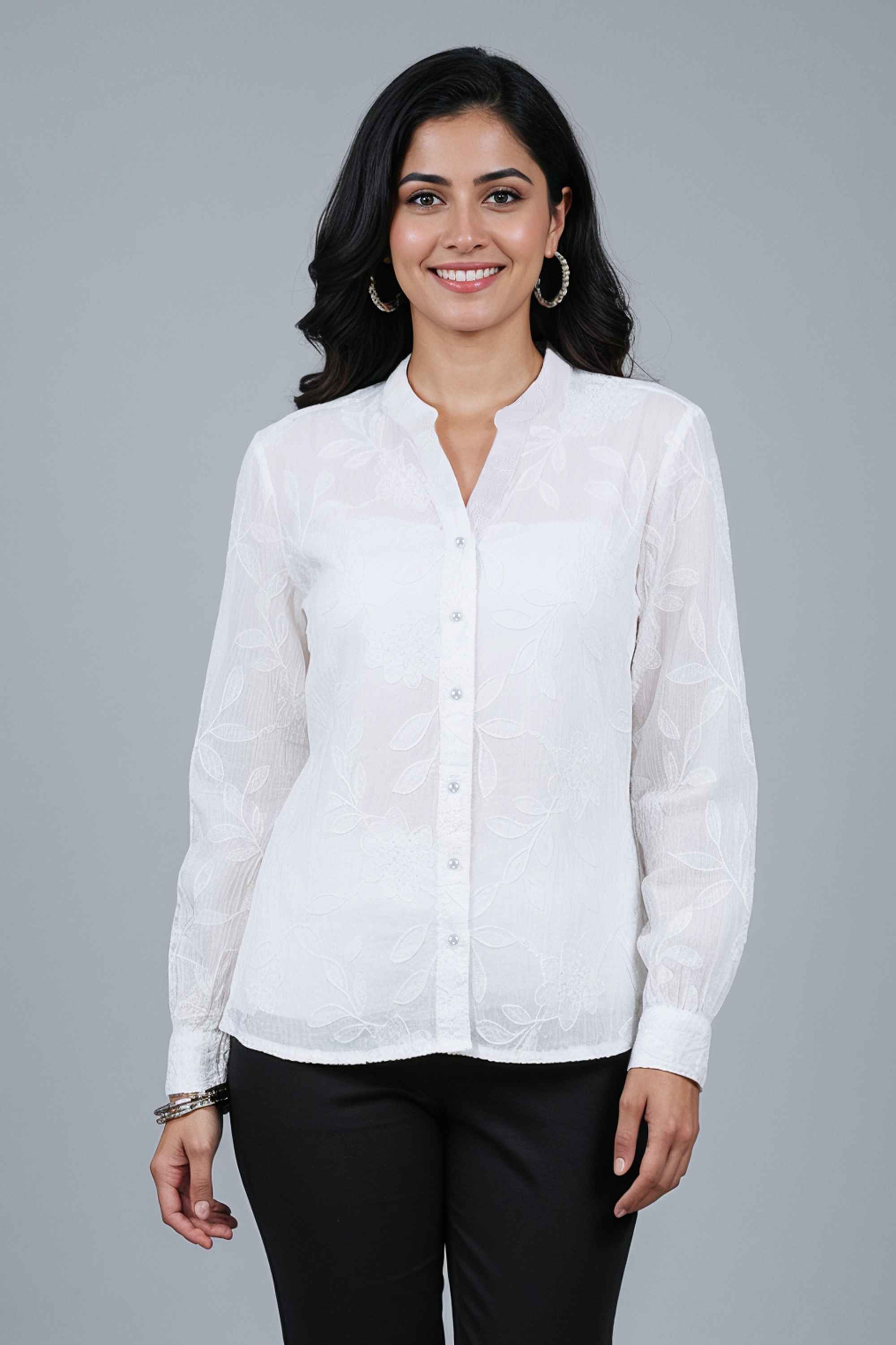 Embroidered-Collared-Blended-Fabric-Women-Casual-Wear-Shirt