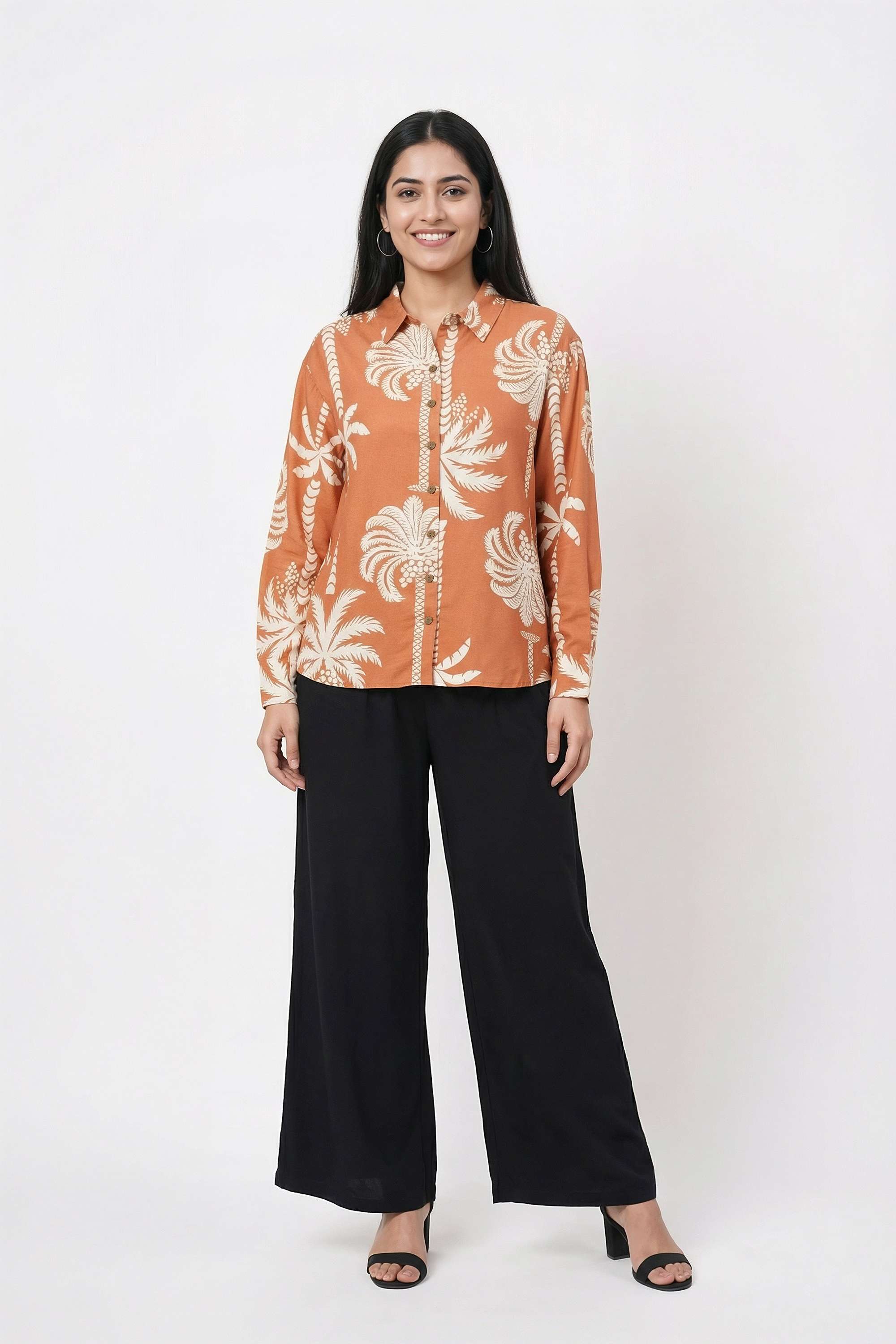 Graphic-Print-Collared-Blended-Fabric-Women-s-Casual-Wear-Shirt