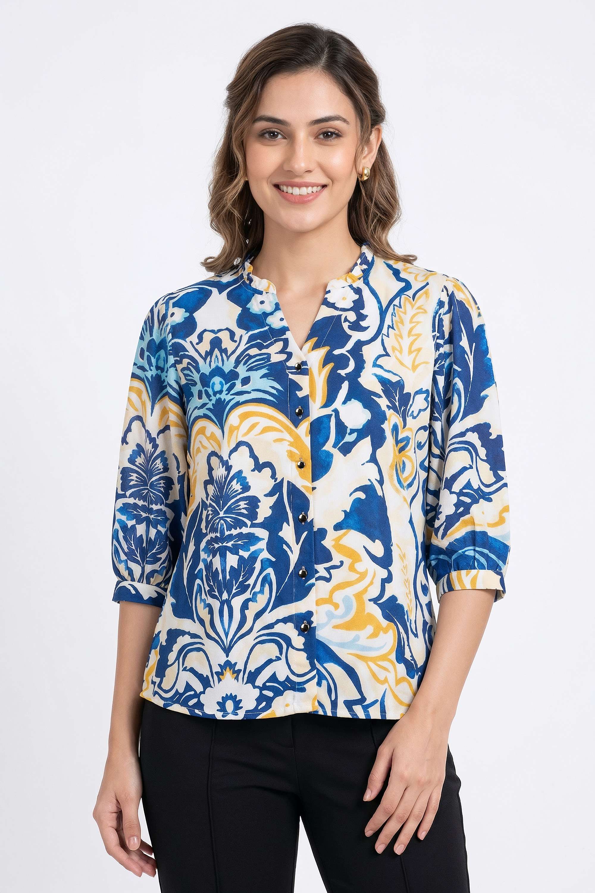 Printed-Blended-Fabric-V-Neck-Women-s-Top