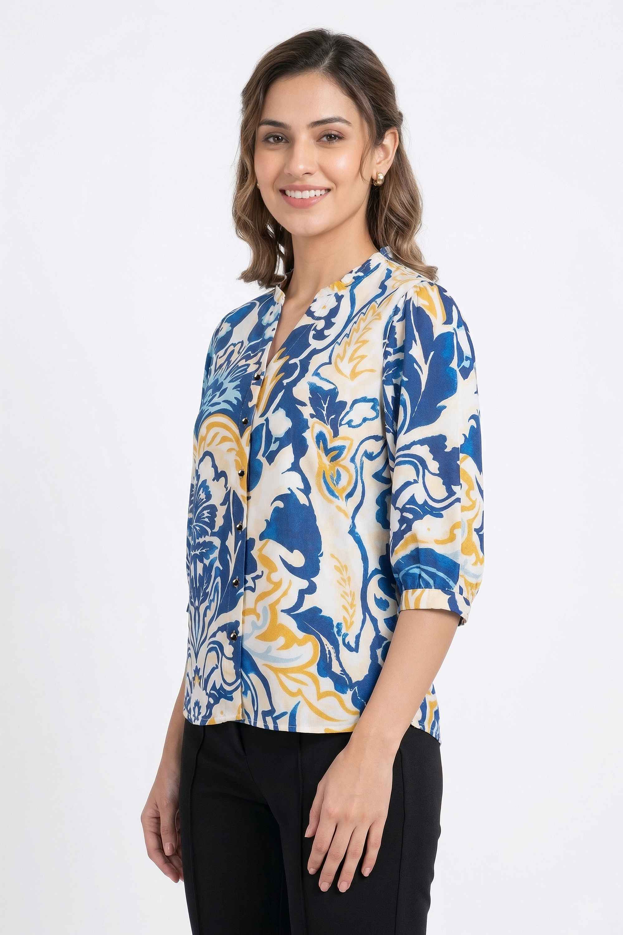 Printed-Blended-Fabric-V-Neck-Women-s-Top