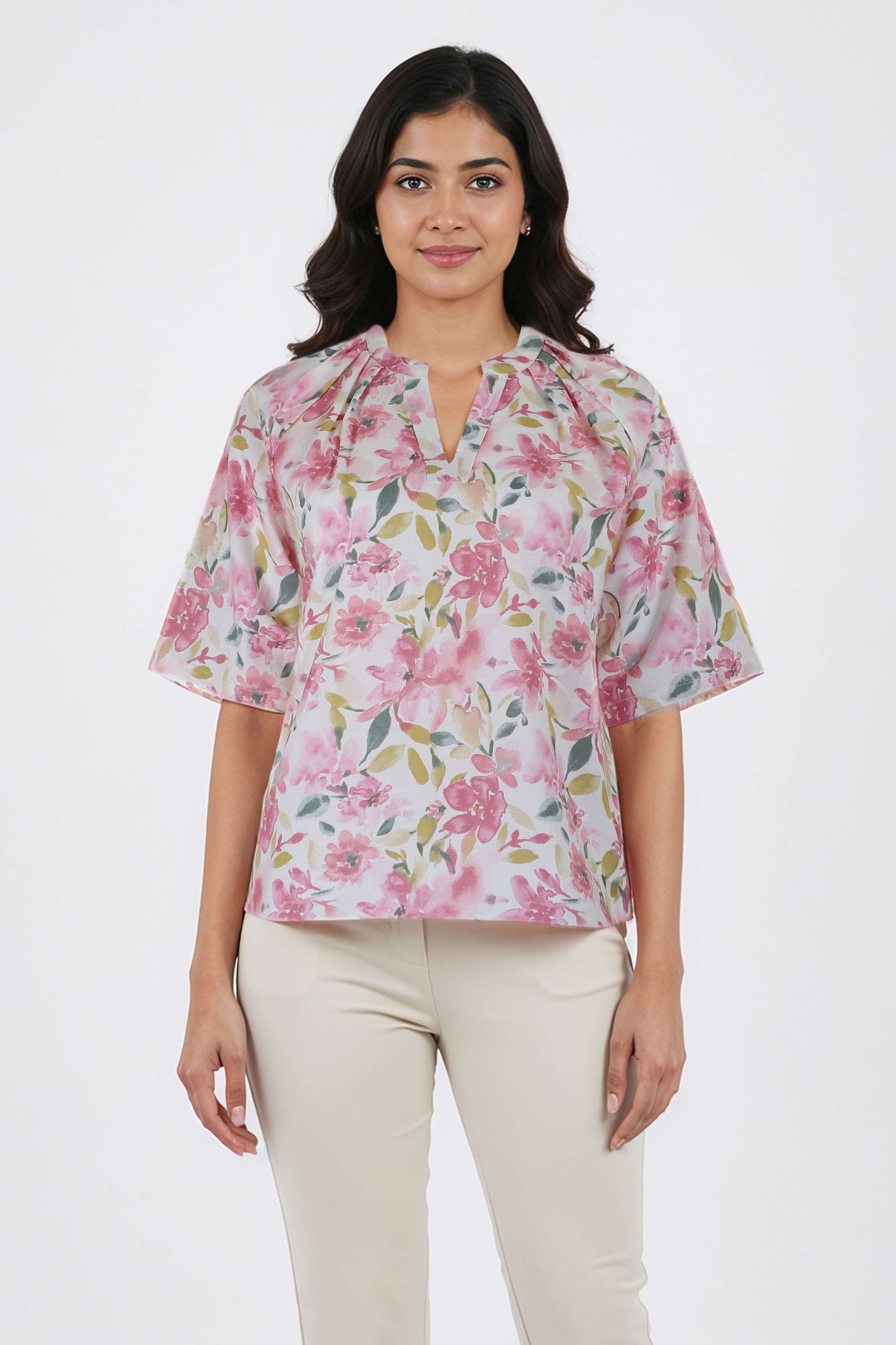 Printed-Blended-Fabric-V-Neck-Women-Top