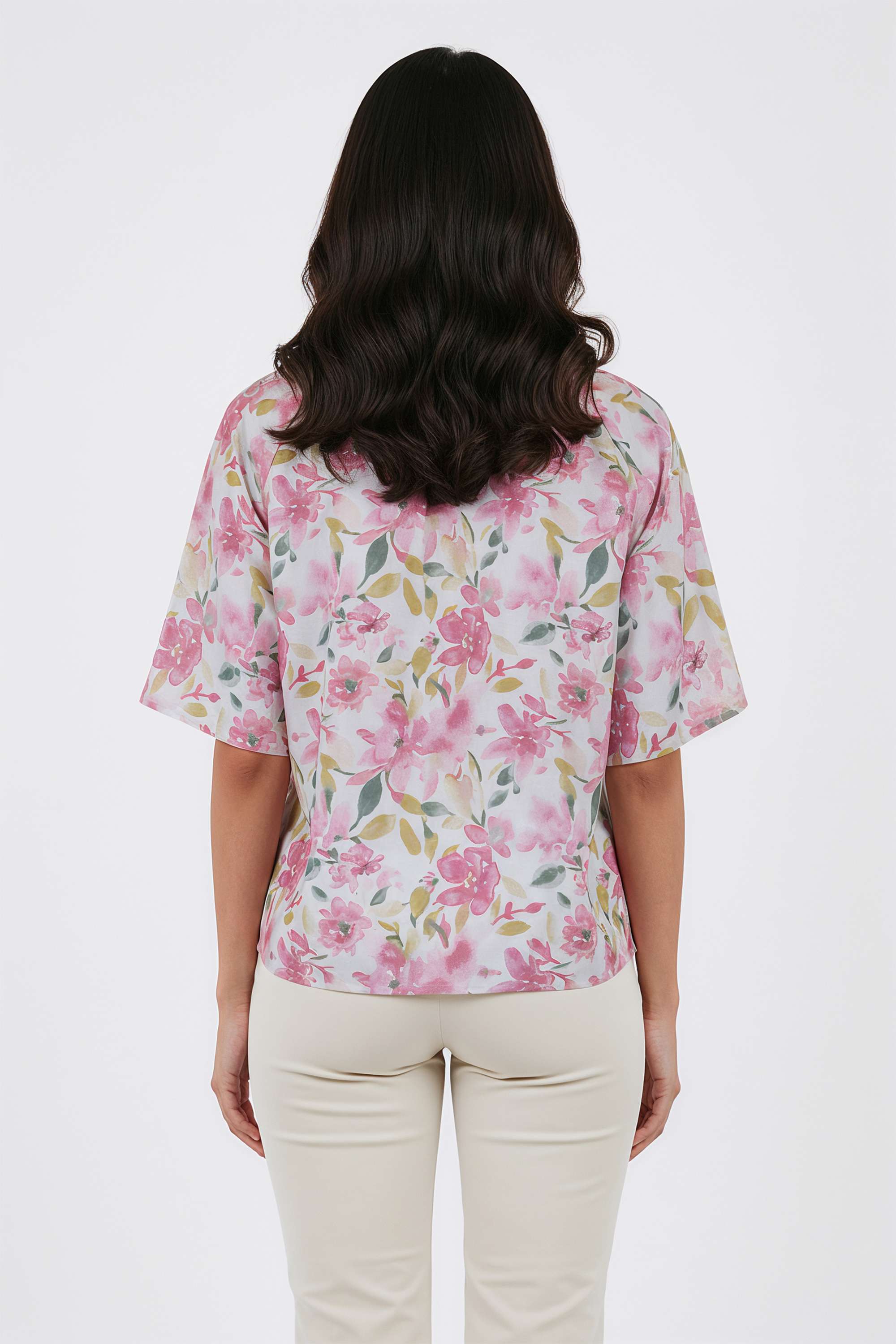 Printed-Blended-Fabric-V-Neck-Women-Top