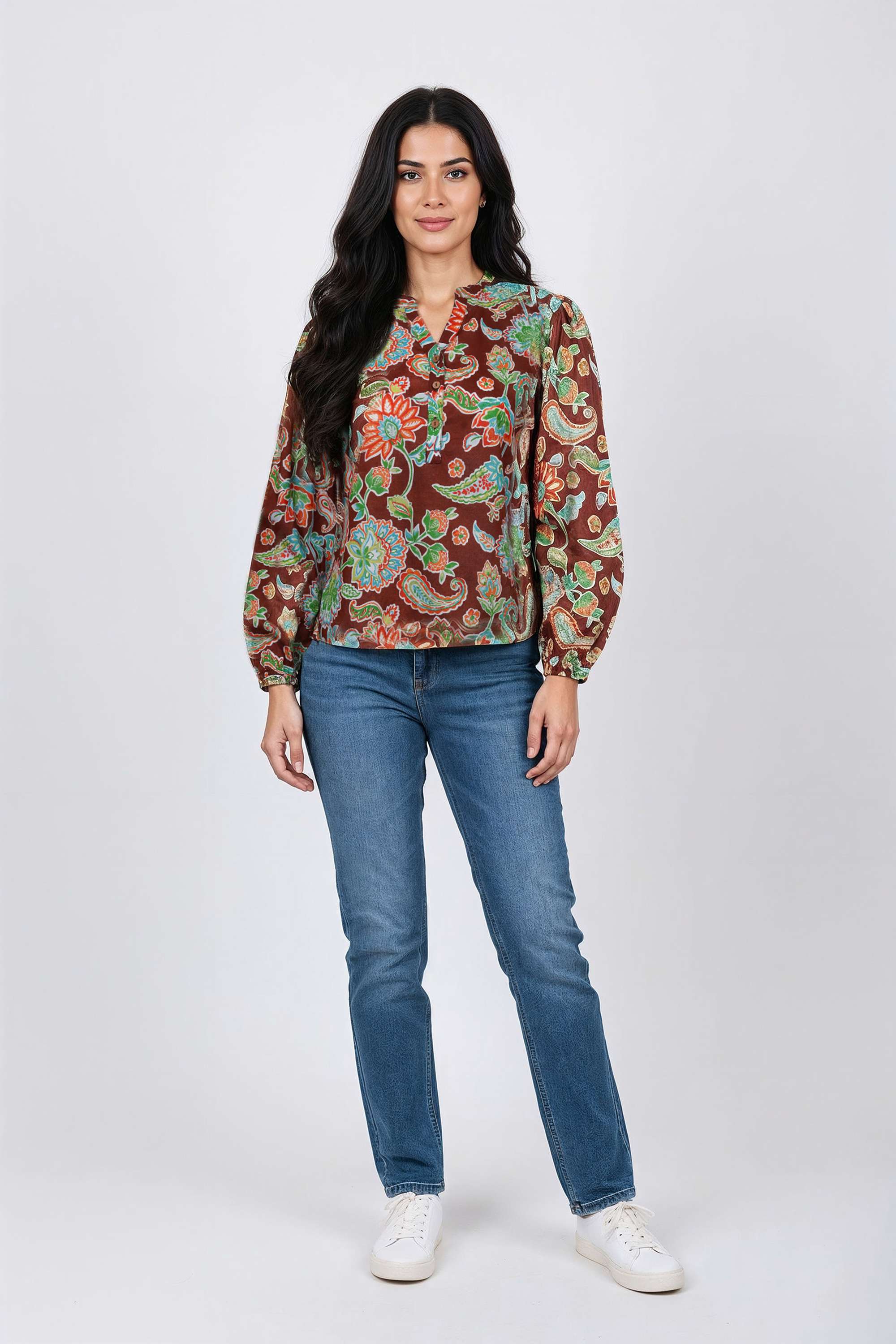 Floral-Blended-Fabric-Y-Neck-Women-s-Top