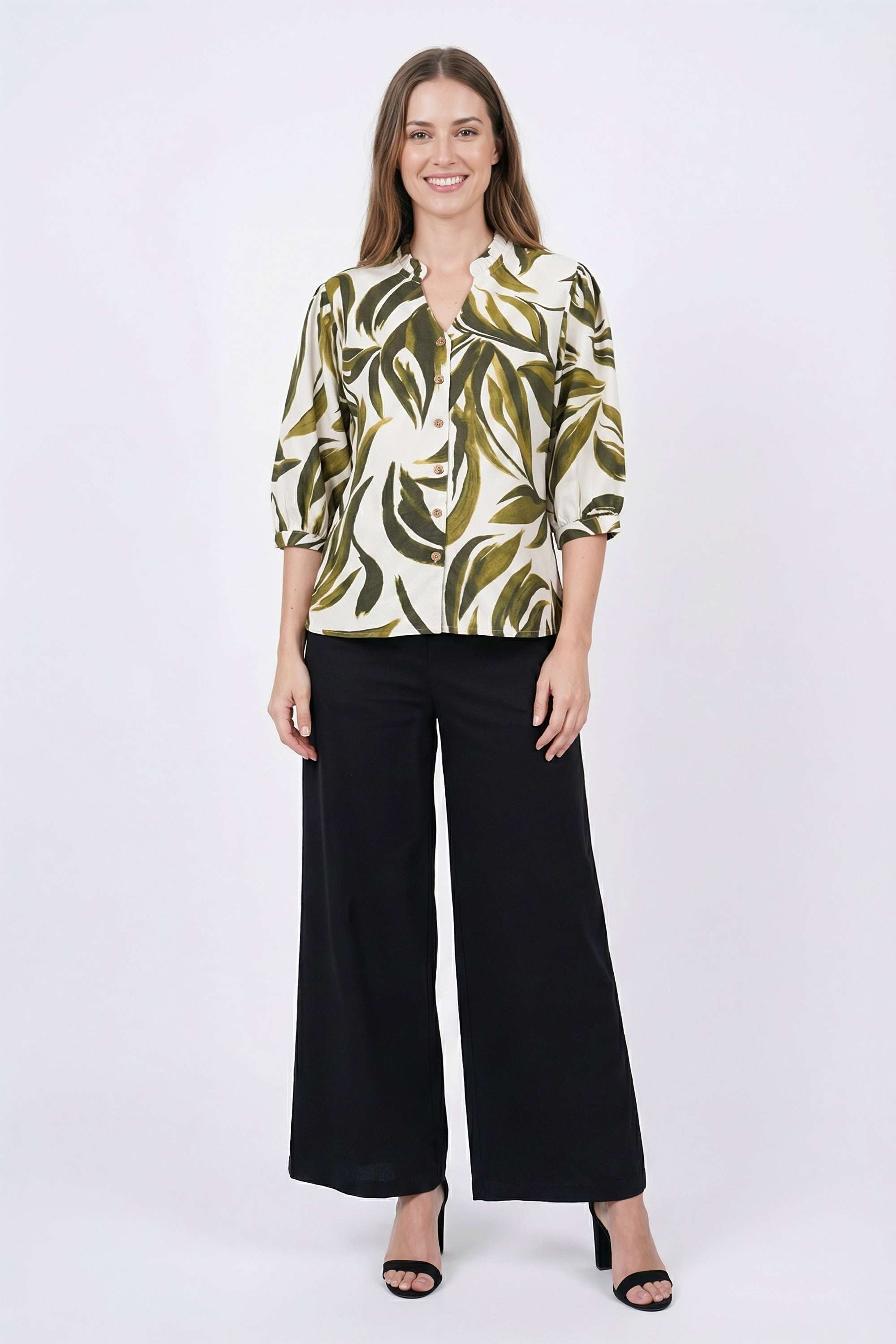 Solid-Blended-Fabric-Henley-Women-Top