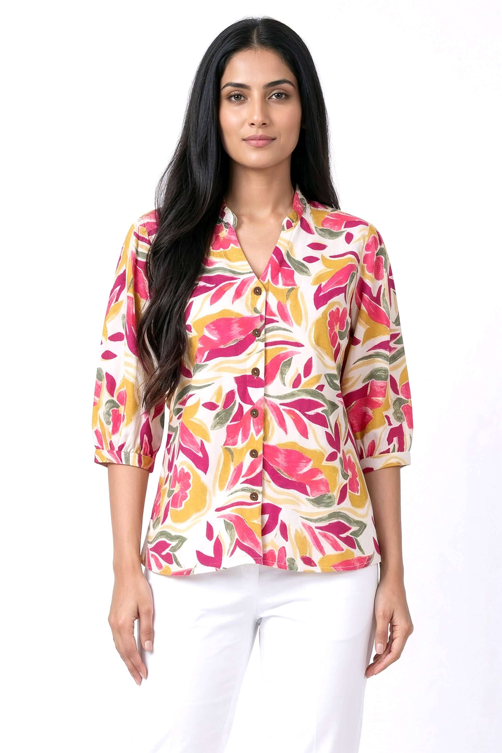 Printed-Blended-Fabric-V-Neck-Women-s-Top