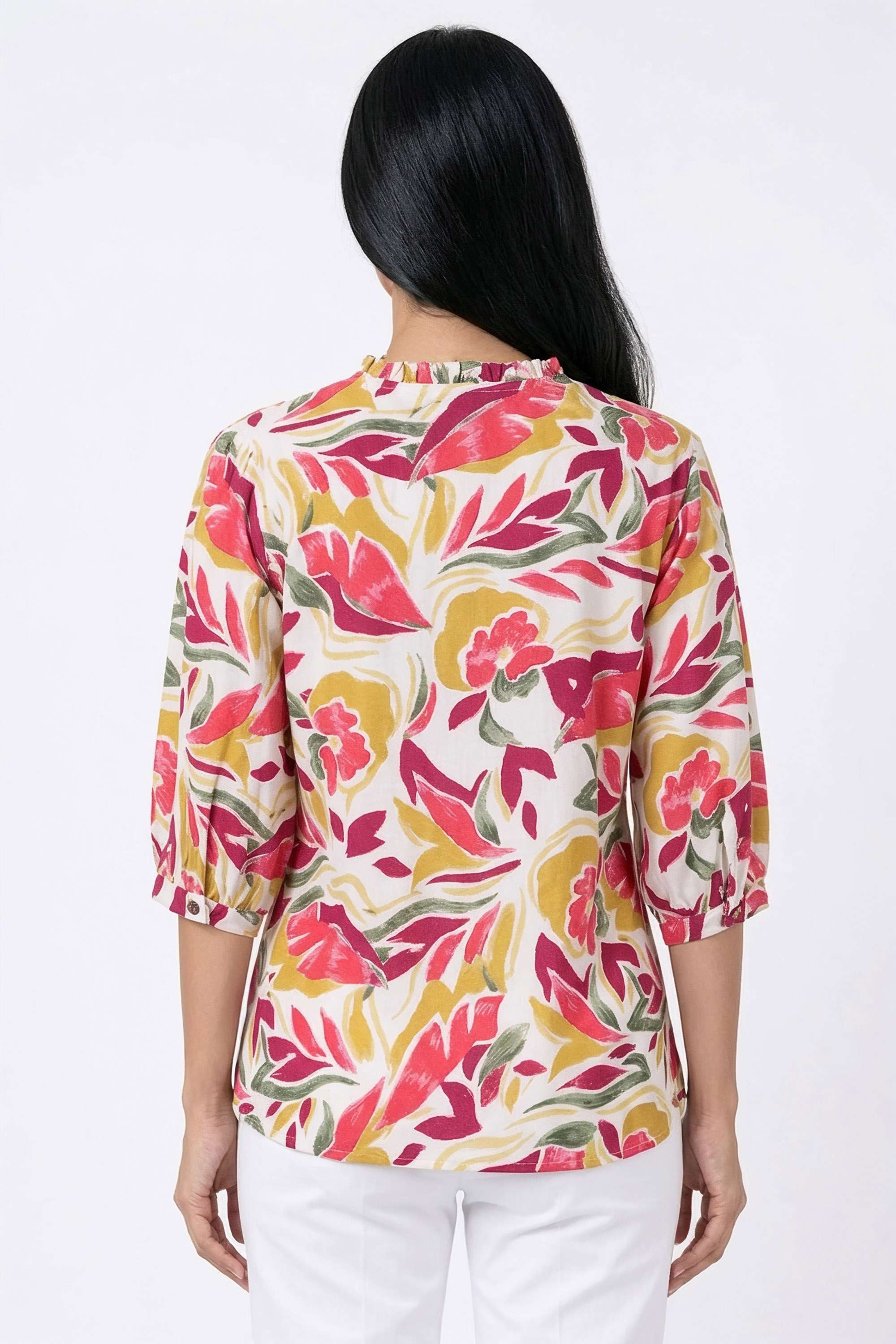 Printed-Blended-Fabric-V-Neck-Women-s-Top