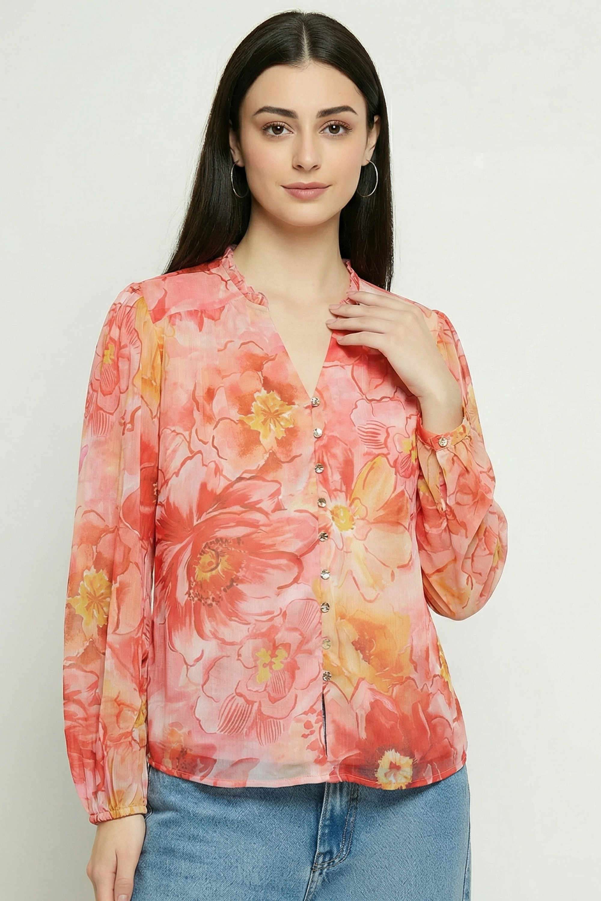 Floral-Blended-Fabric-V-Neck-Women-s-Top