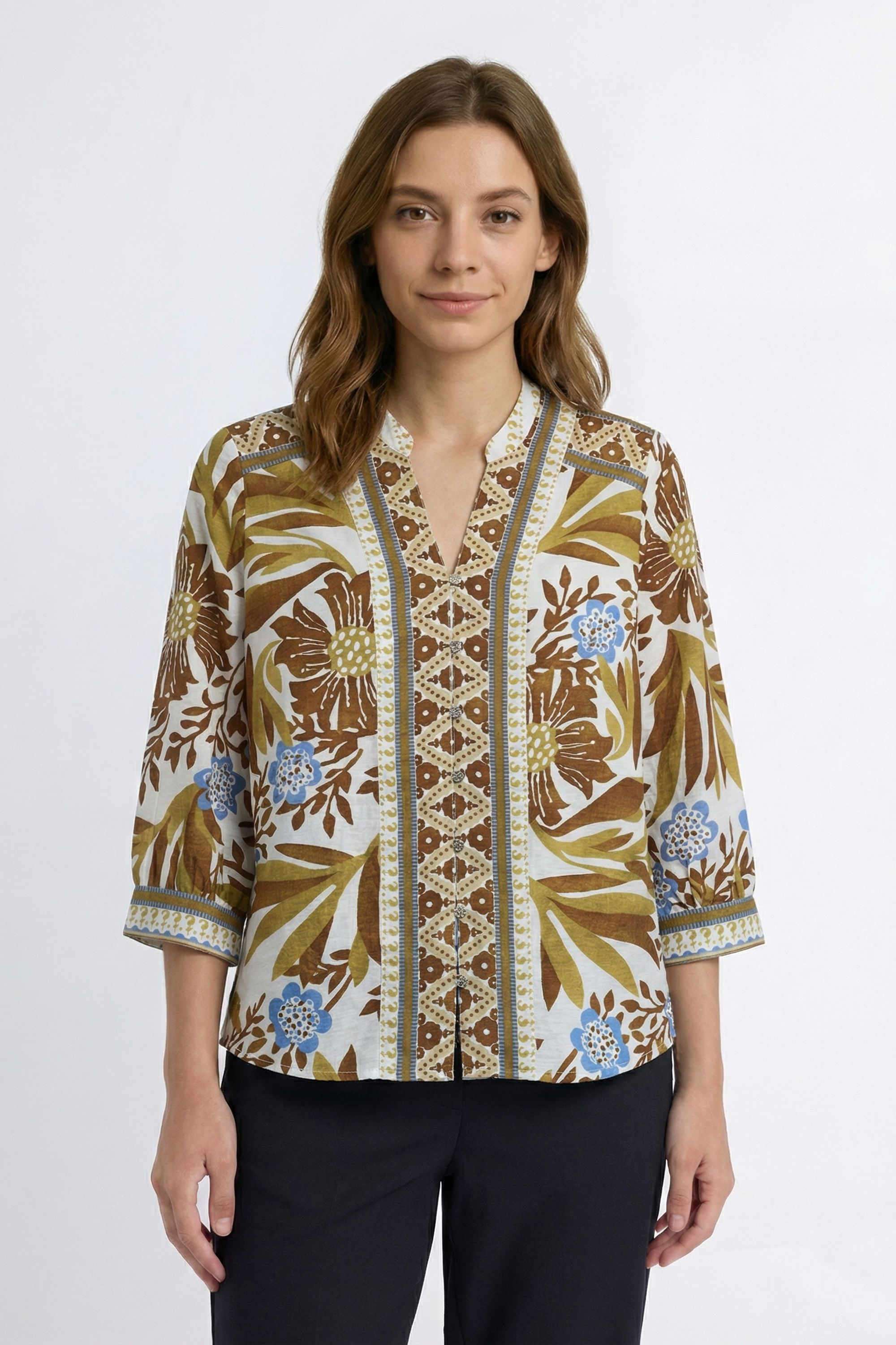 Floral-Blended-Fabric-Y-Neck-Women-s-Top