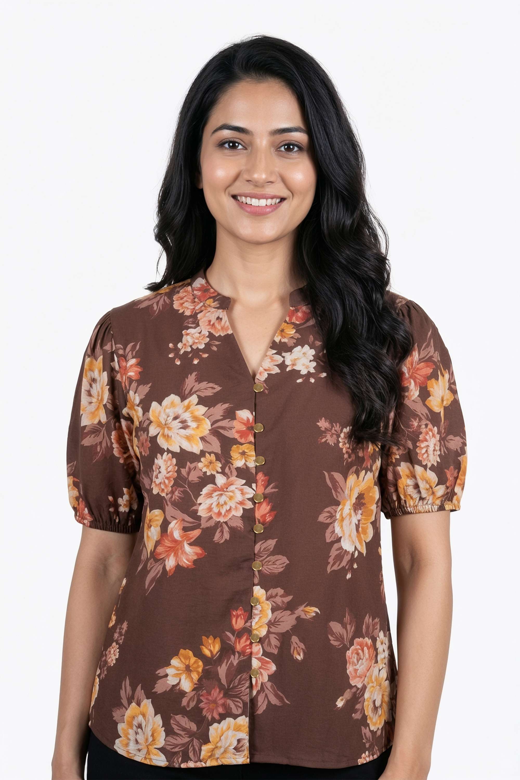 Floral-Blended-Fabric-Henley-Women-s-Top
