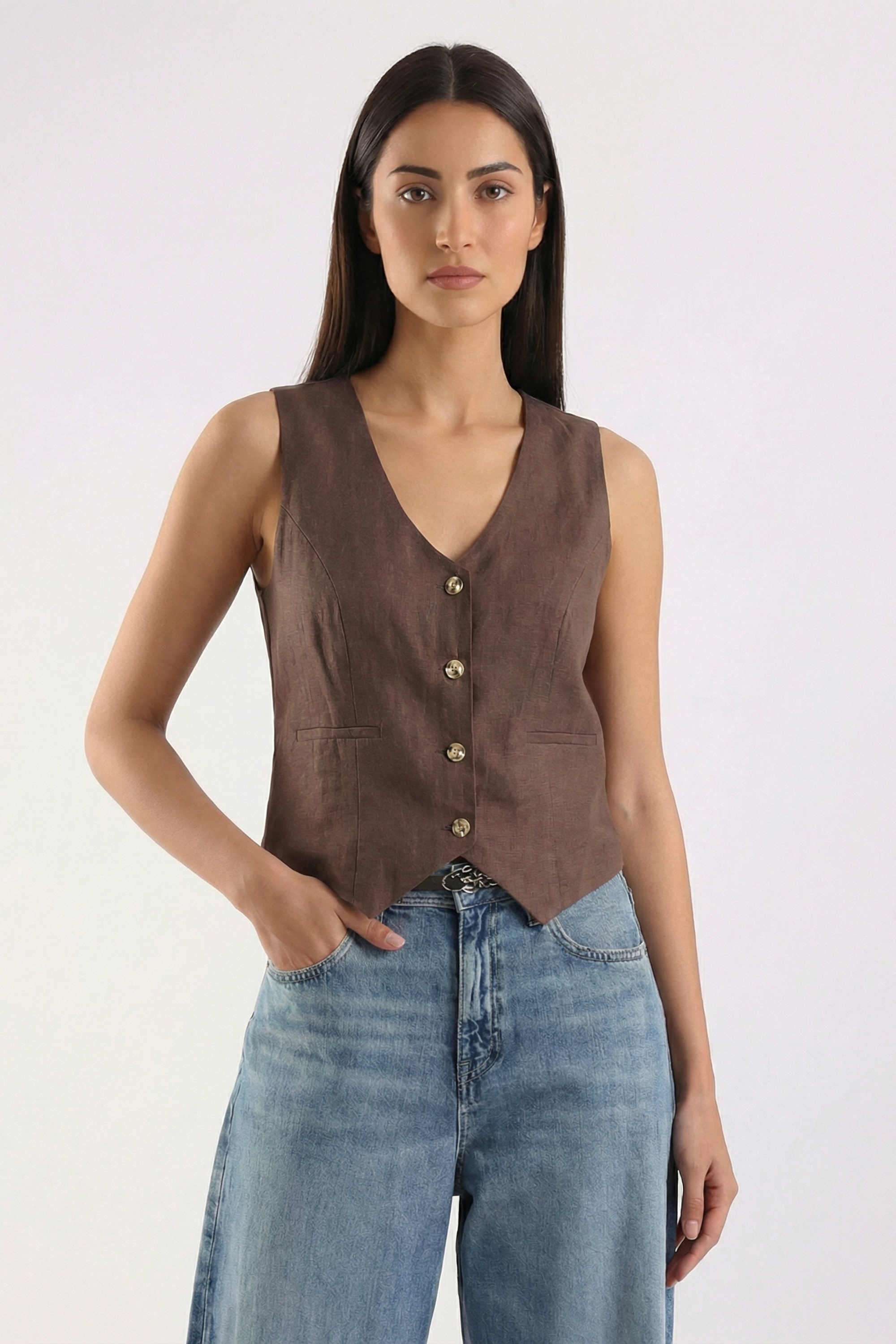 Solid-Blended-Fabric-V-Neck-Women-s-Top