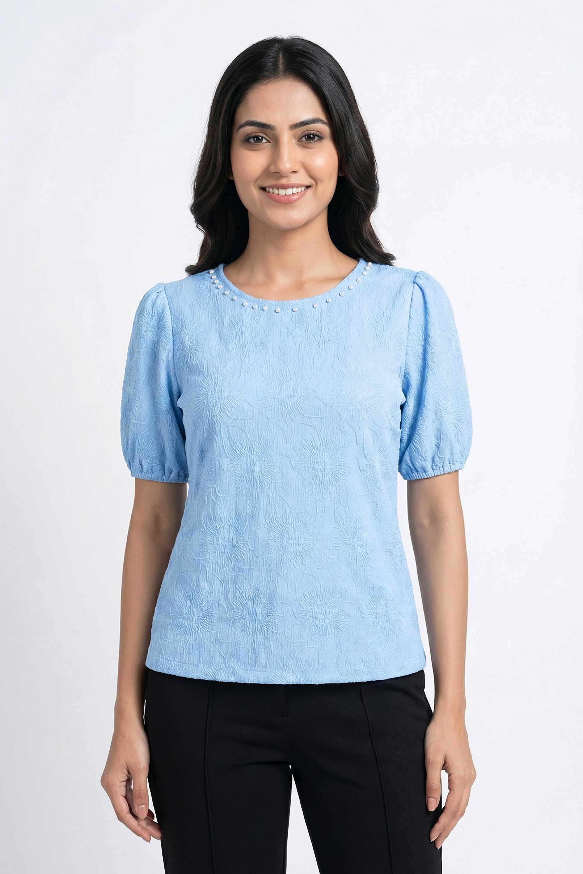 Textured-Poly-Spandex-Round-Neck-Women-s-T-Shirt-with-Pearl-detailing-on-Neckline