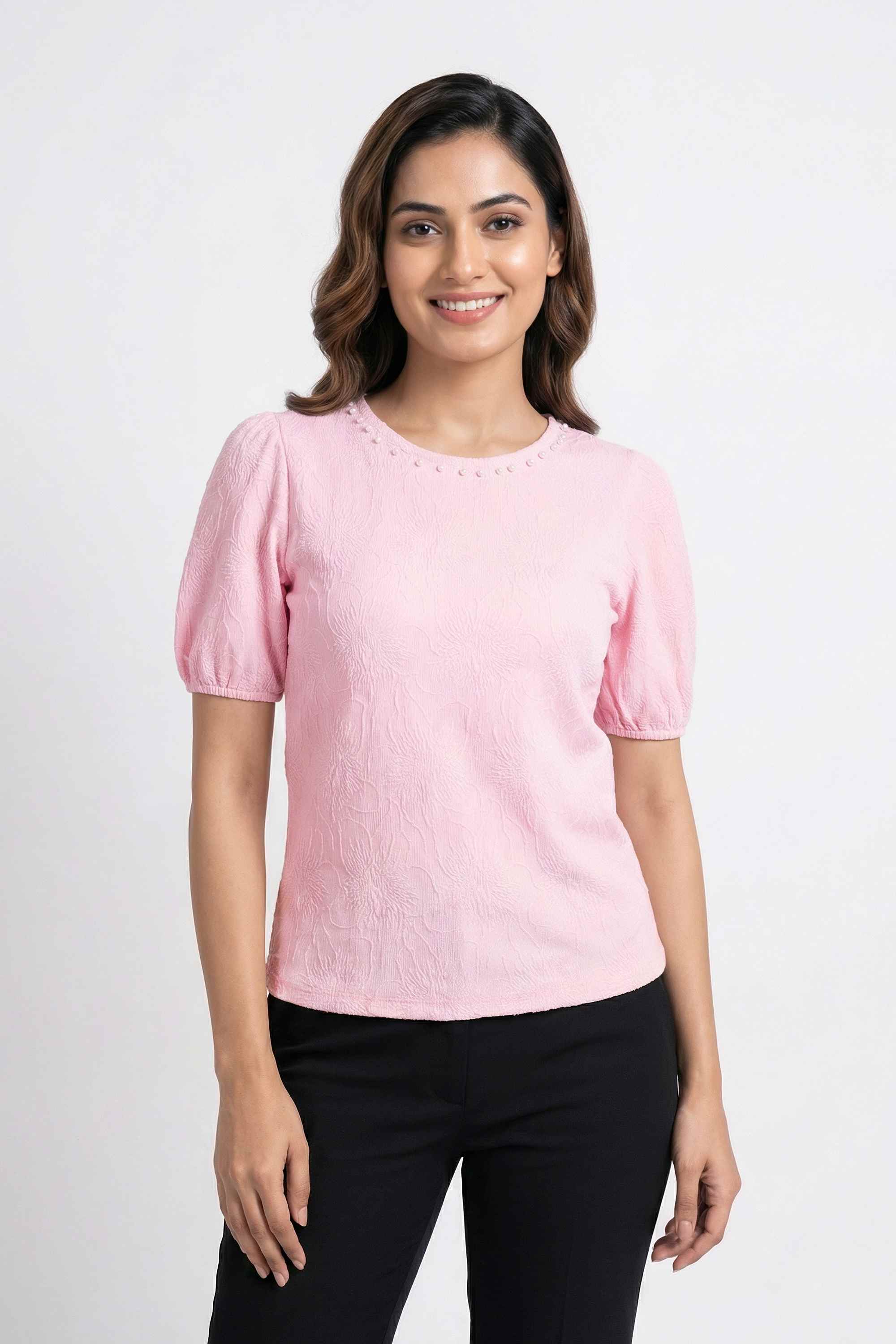 Textured-Poly-Spandex-Round-Neck-Women-s-T-Shirt-with-Pearl-detailing-on-Neckline