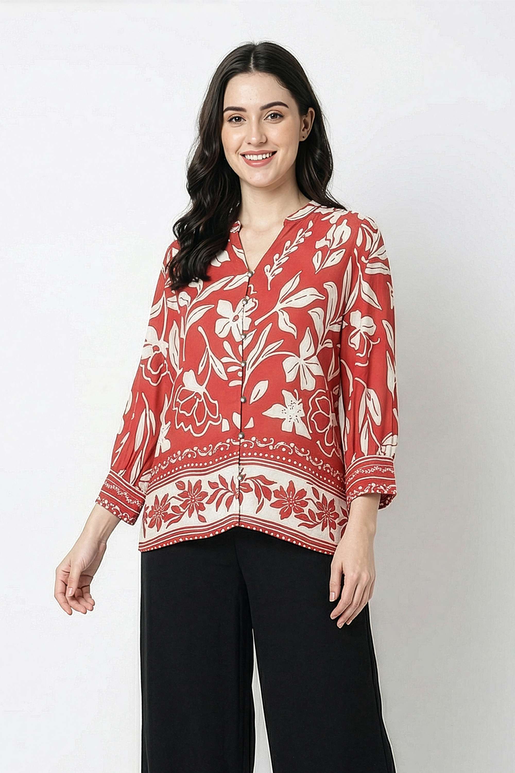 Floral-Blended-Fabric-V-Neck-Women-s-Top
