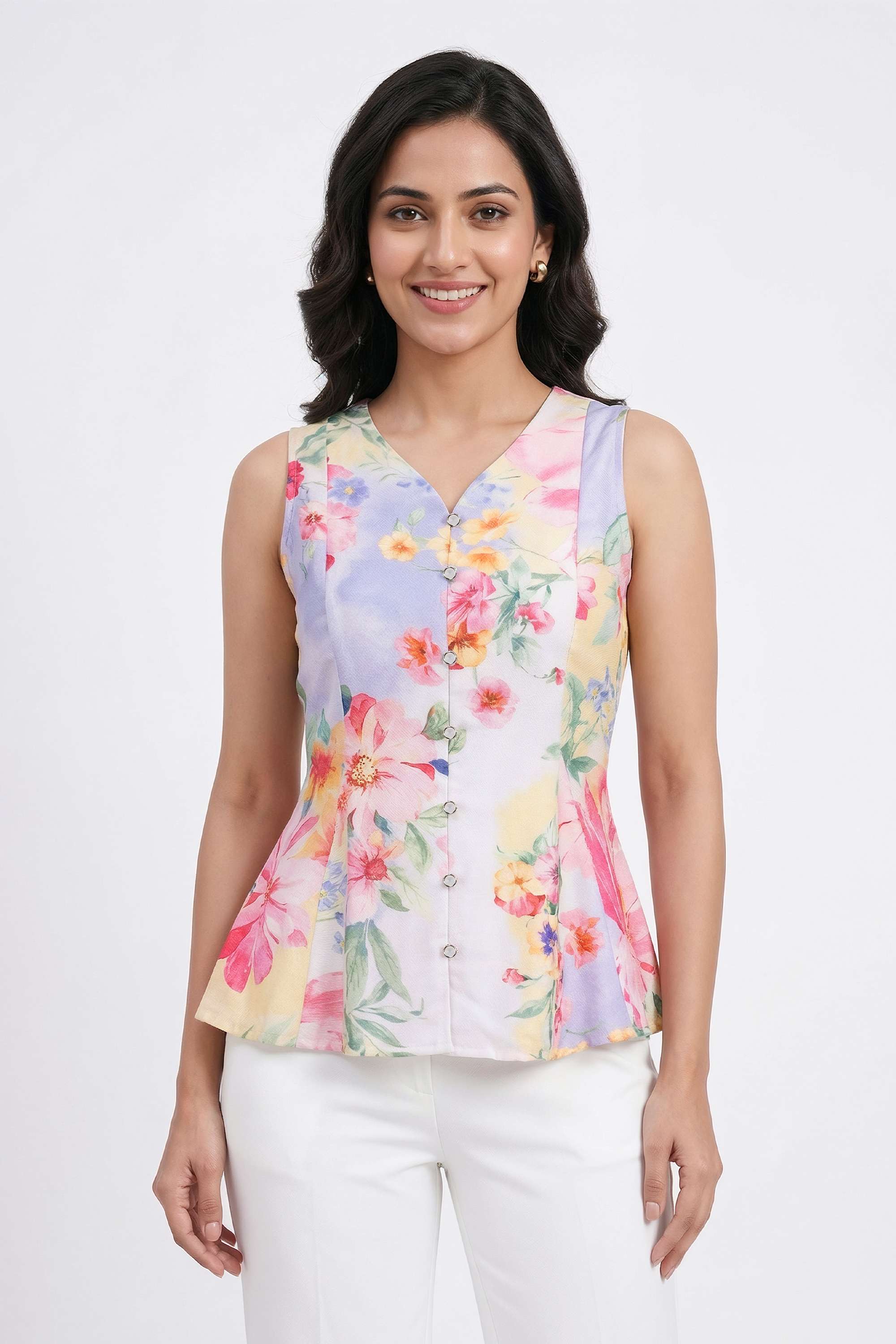 Printed-Blended-Fabric-V-Neck-Women-s-Top