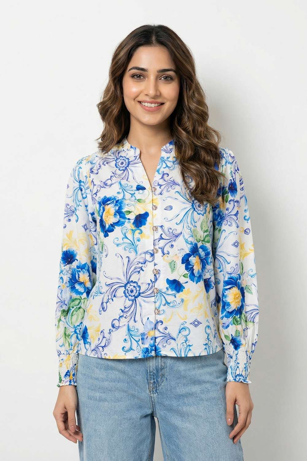 Printed-Blended-Fabric-Henley-Women-s-Top
