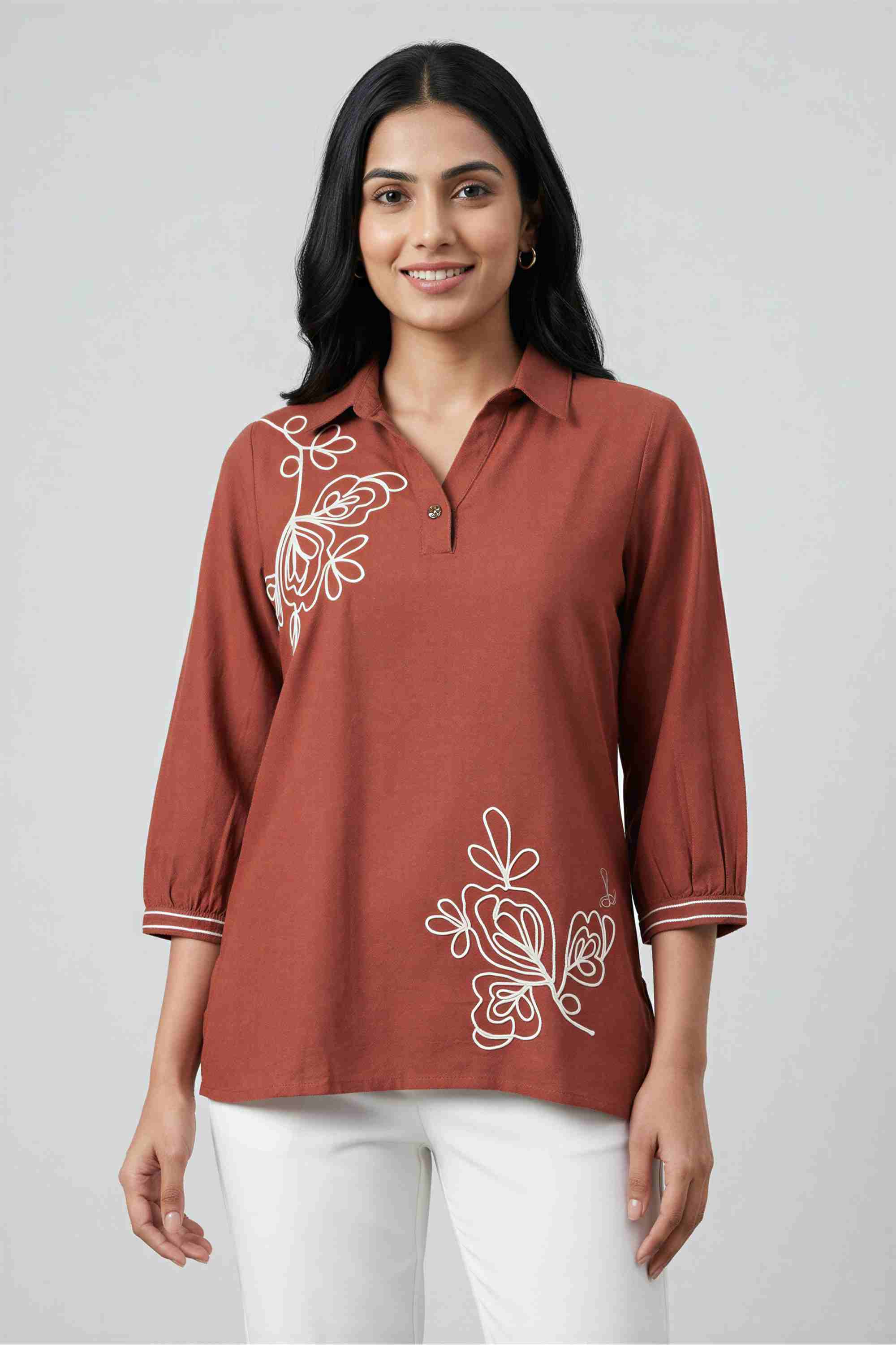 fratini Embroidered Blended Fabric Collared Women's Top-picture-38