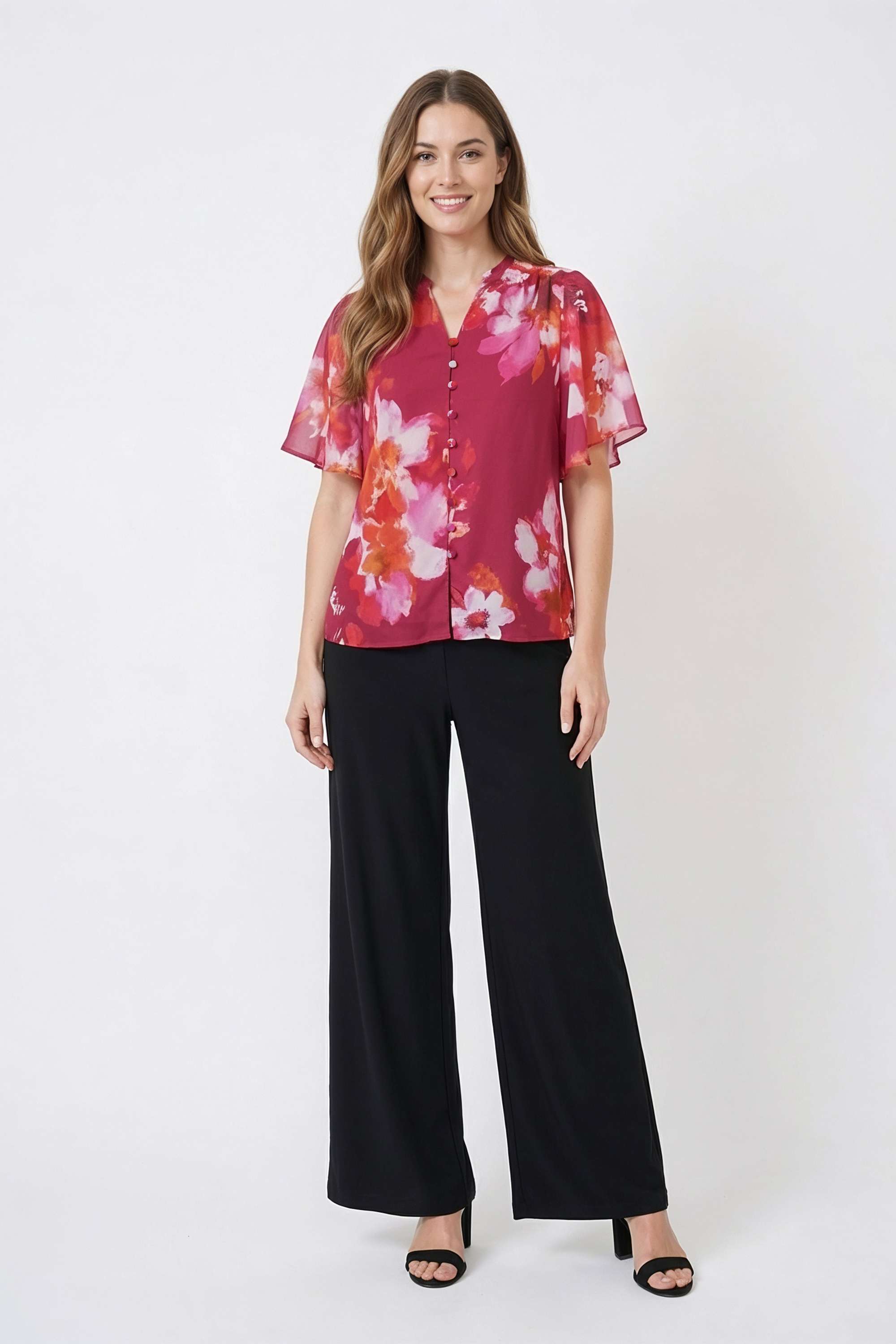 Floral-Polyester-V-Neck-Women-Top