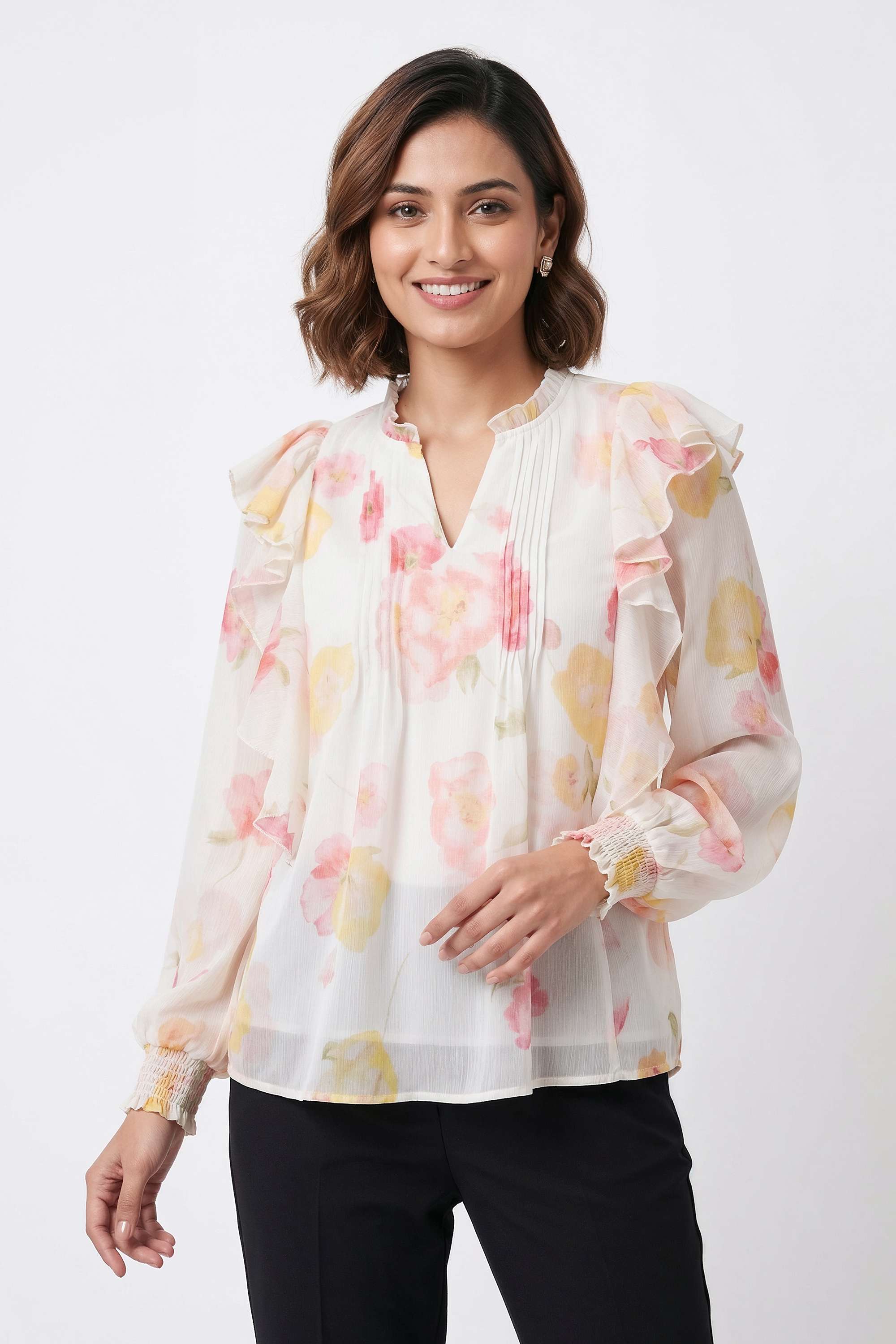 Printed-Chiffon-V-Neck-Women-s-Top