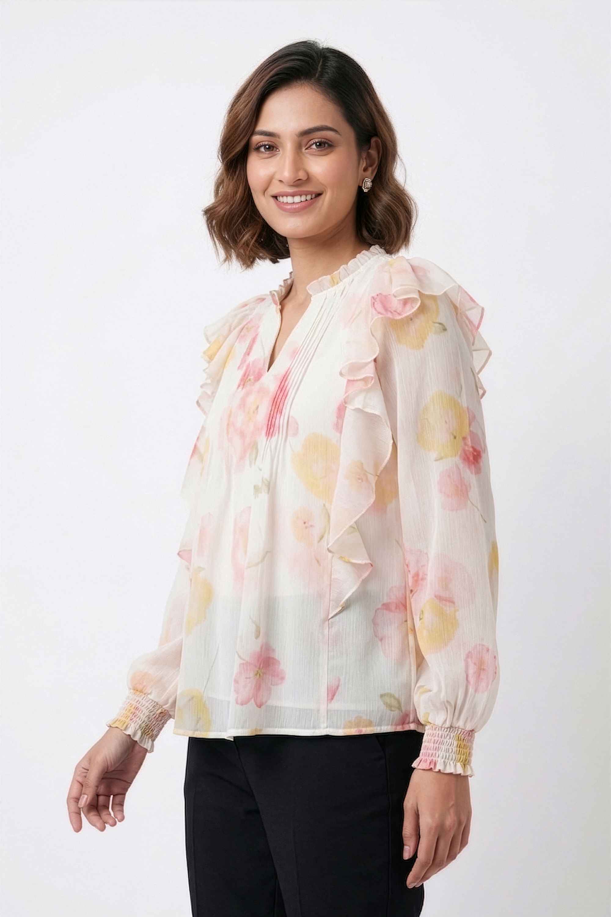 Printed-Chiffon-V-Neck-Women-s-Top