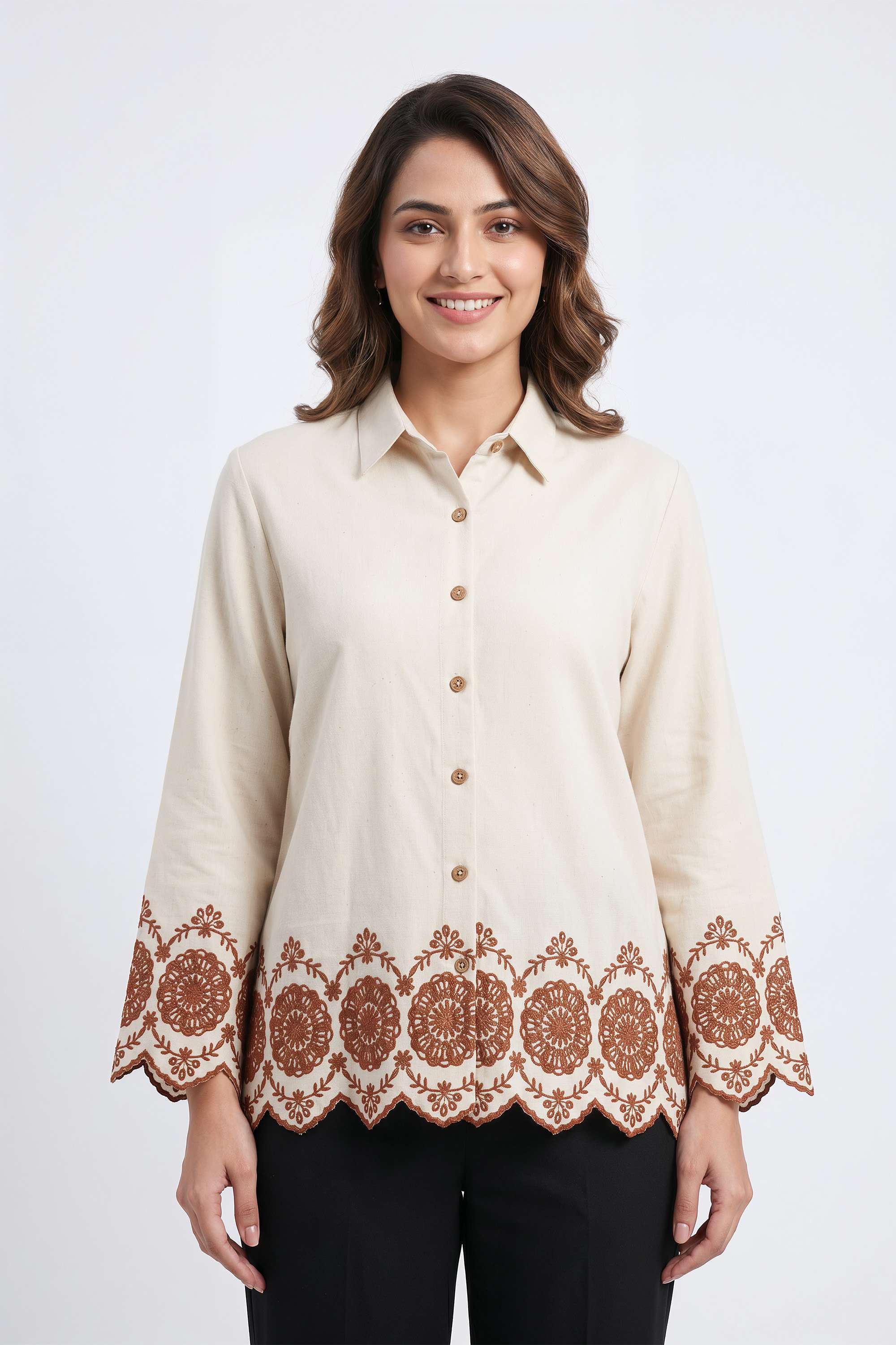 Schiffli-Blended-Fabric-Collared-Women-s-Top