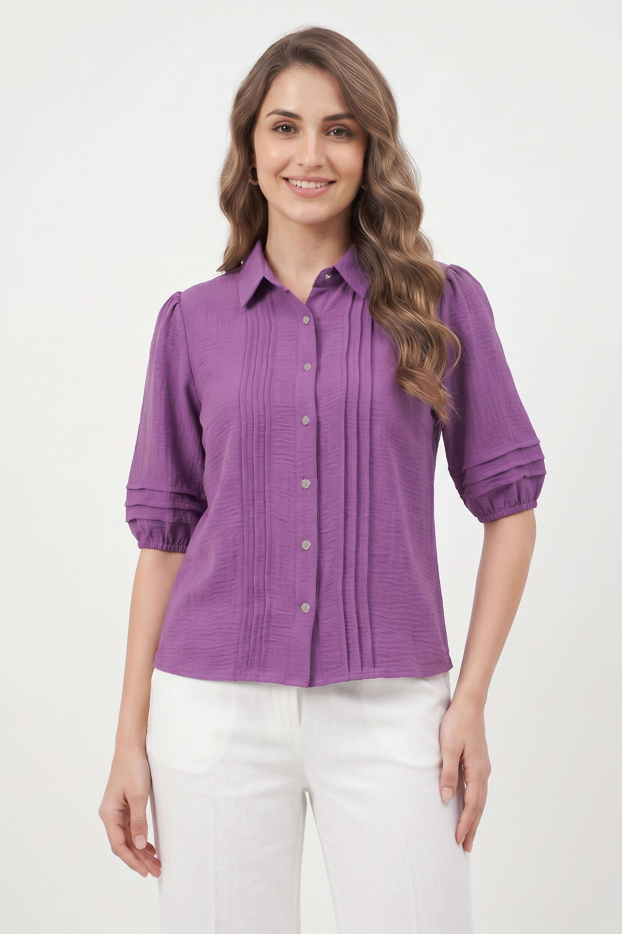 Solid-Polyester-Collared-Women-s-Top