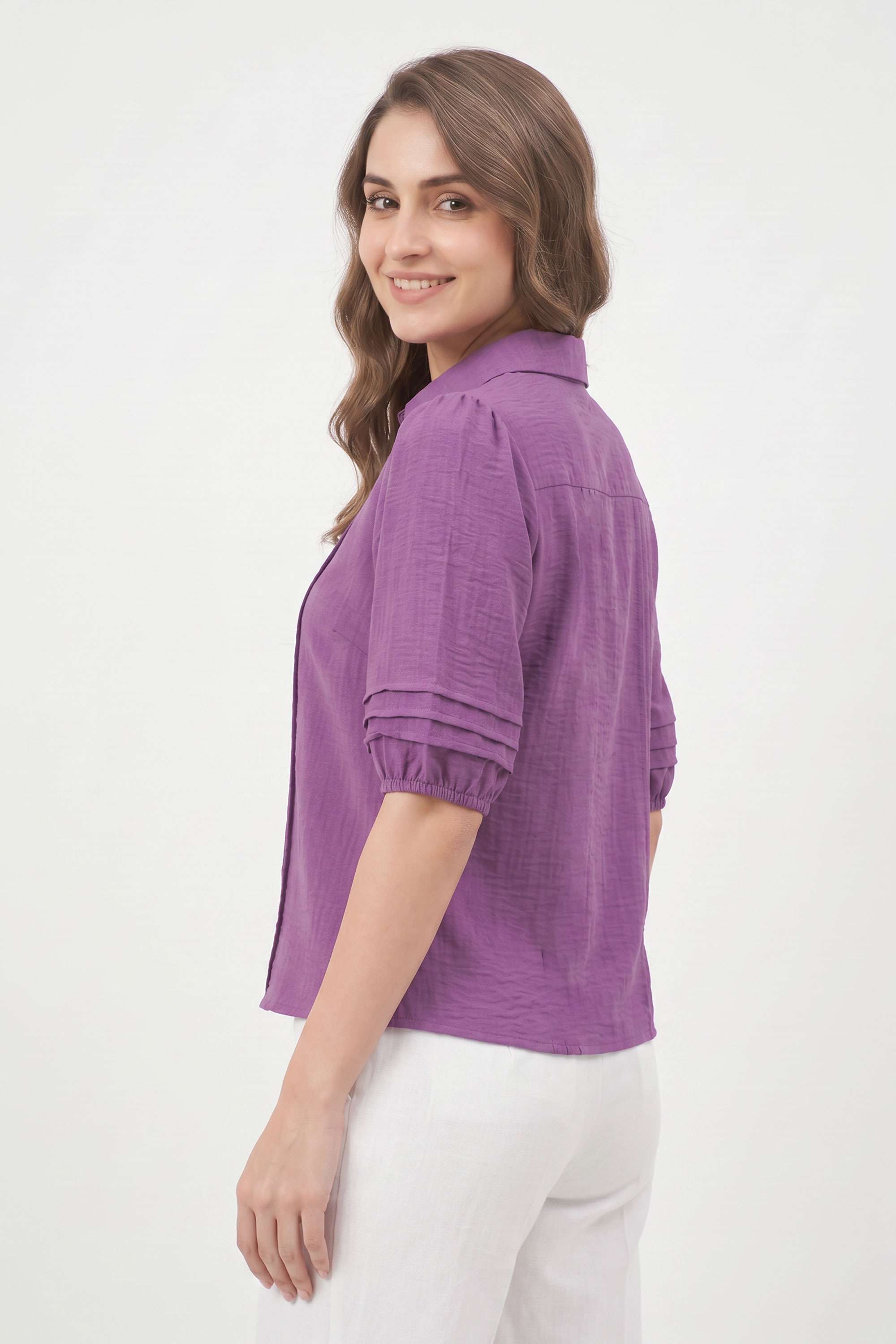 Solid-Polyester-Collared-Women-s-Top